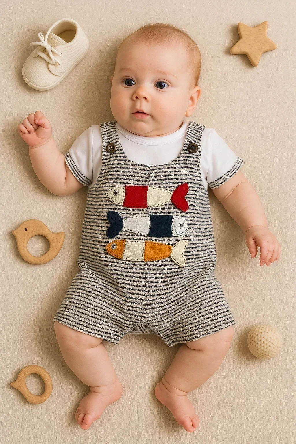 Balık Nakışlı Kısa Kollu Erkek Bebek Tulumu