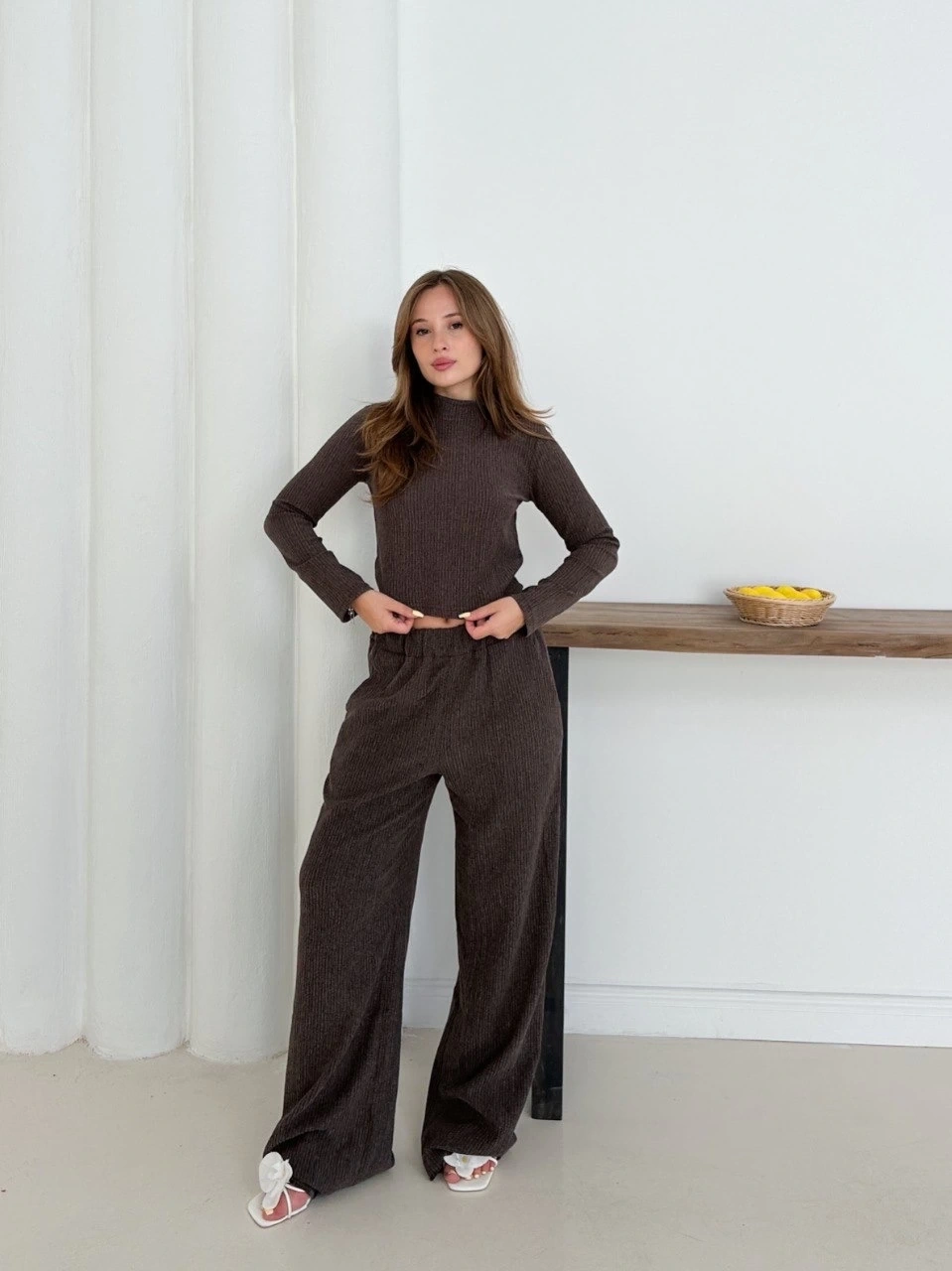 Balıkçı yaka örme takım kahve st265865