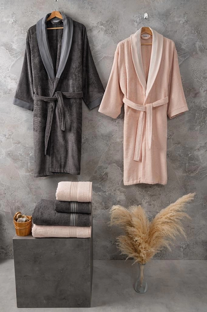 Bambu Bornoz Seti Flame Gris Peach