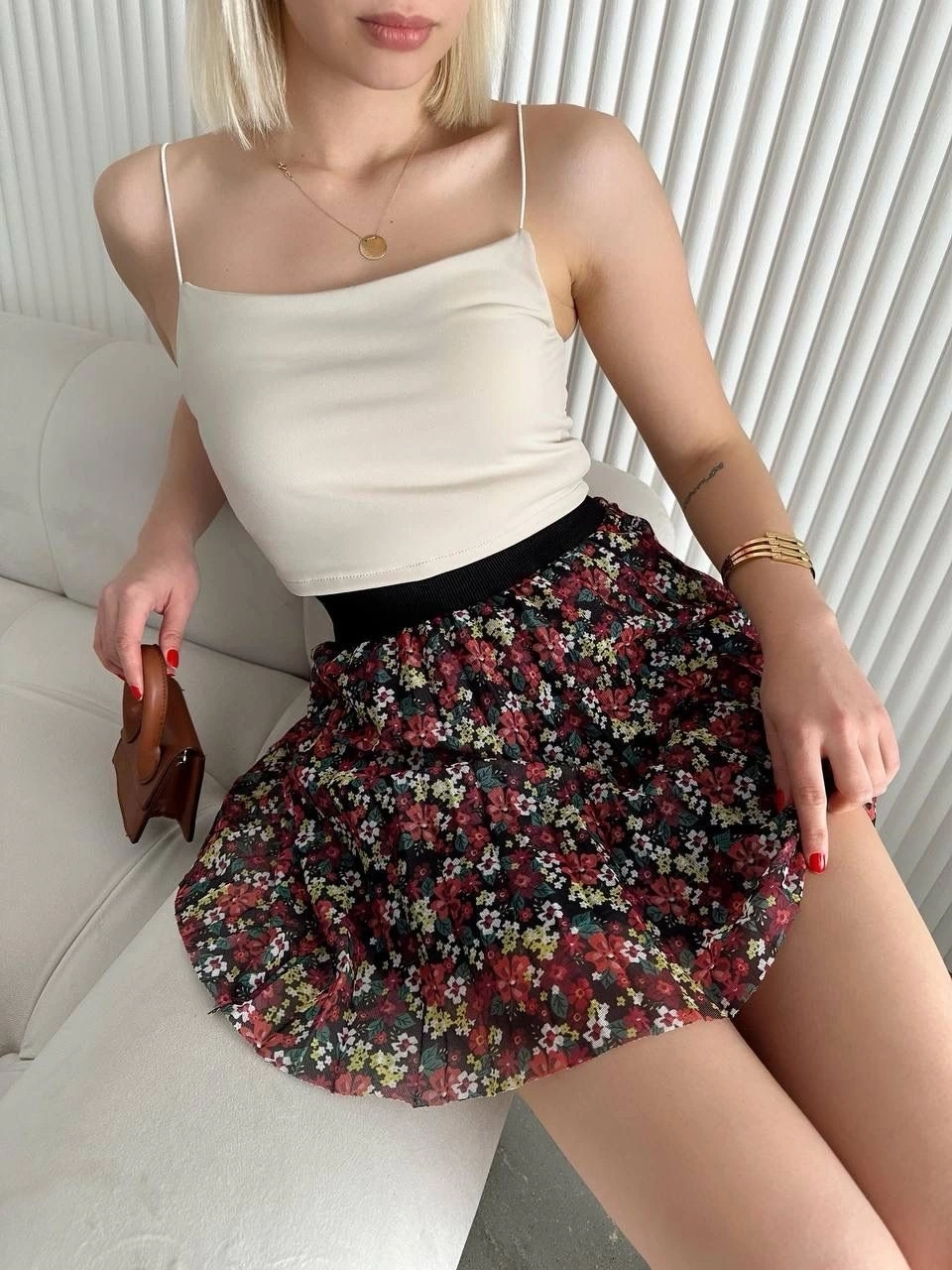 Baskılı astarlı mini etek