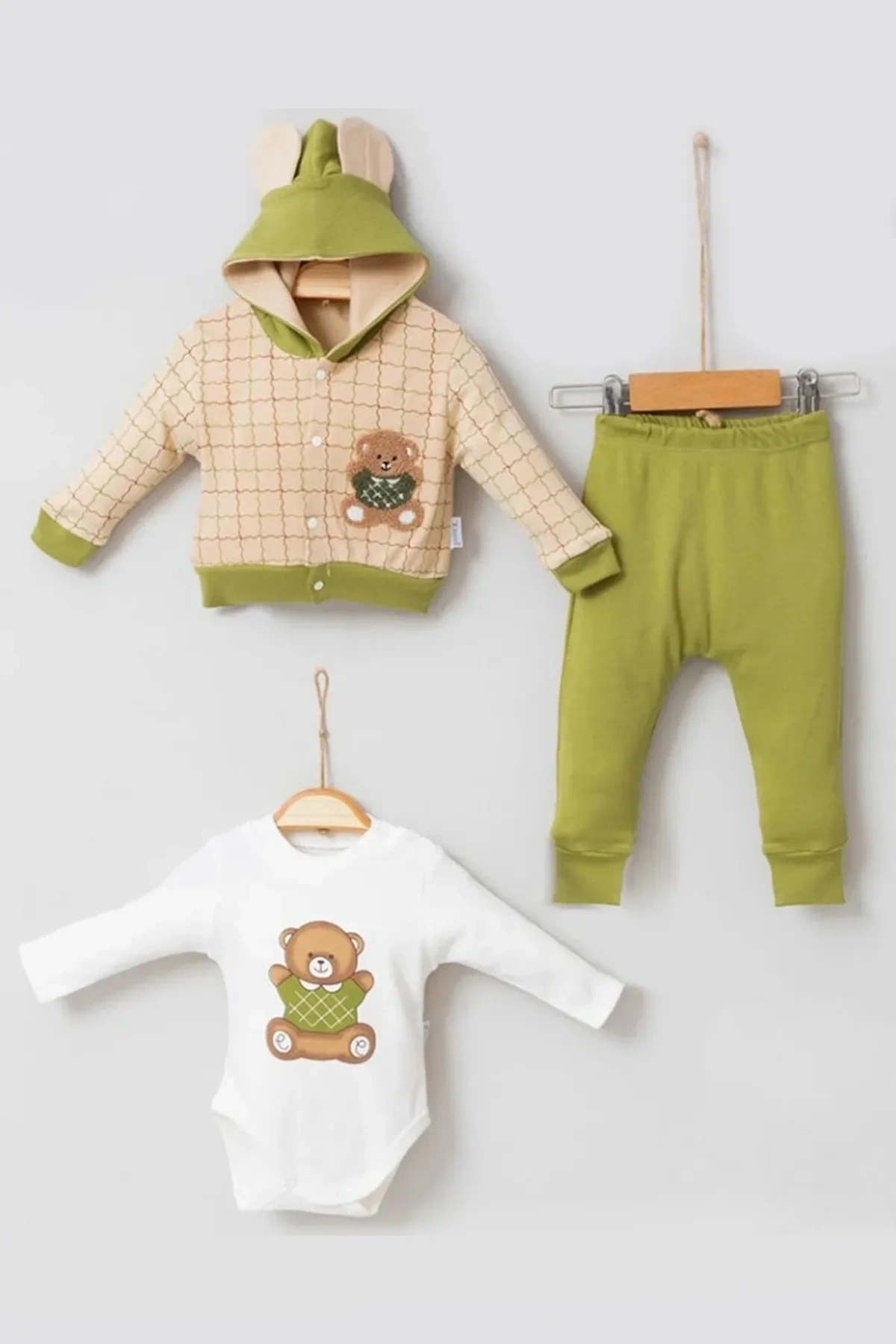 Bear Çizgili % 100 Pamuk Hırkalı 3lü Bebek Takımı