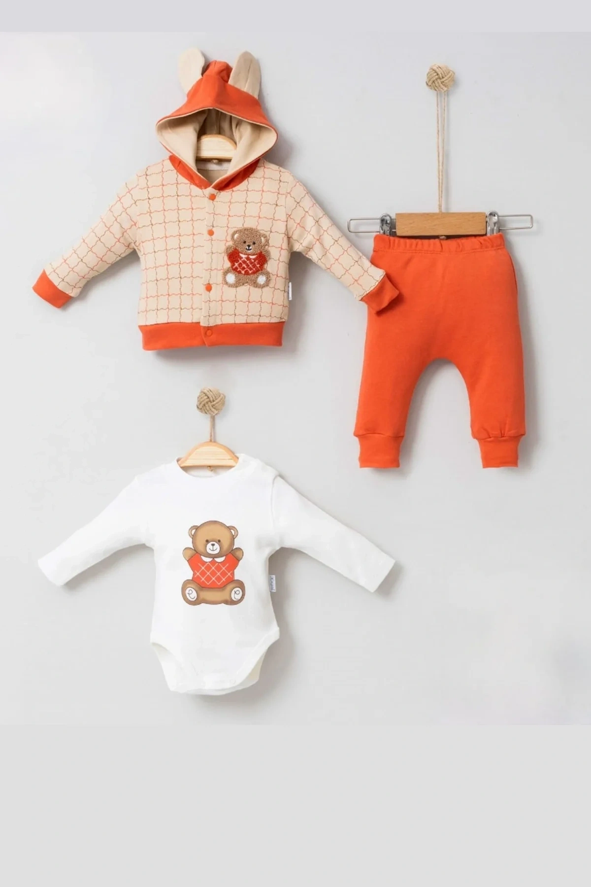 Bear Çizgili % 100 Pamuk Hırkalı 3lü Bebek Takımı