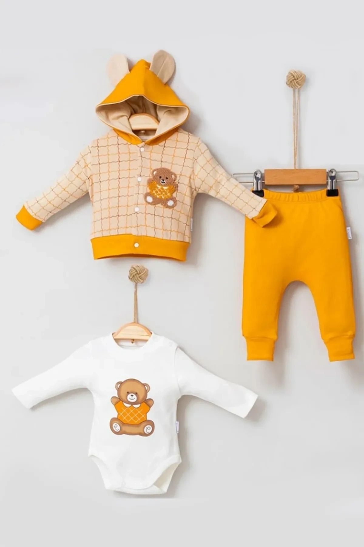 Bear Çizgili % 100 Pamuk Hırkalı 3lü Bebek Takımı