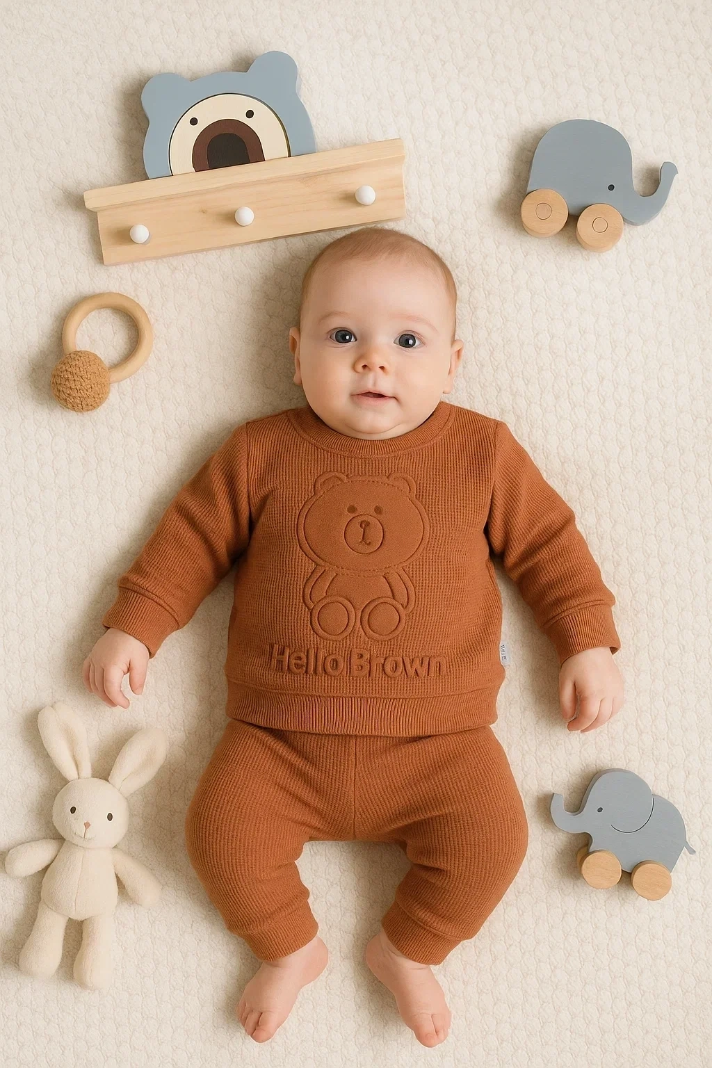 Bear Gofre Kabartmalı 2li Erkek Bebek Takımı