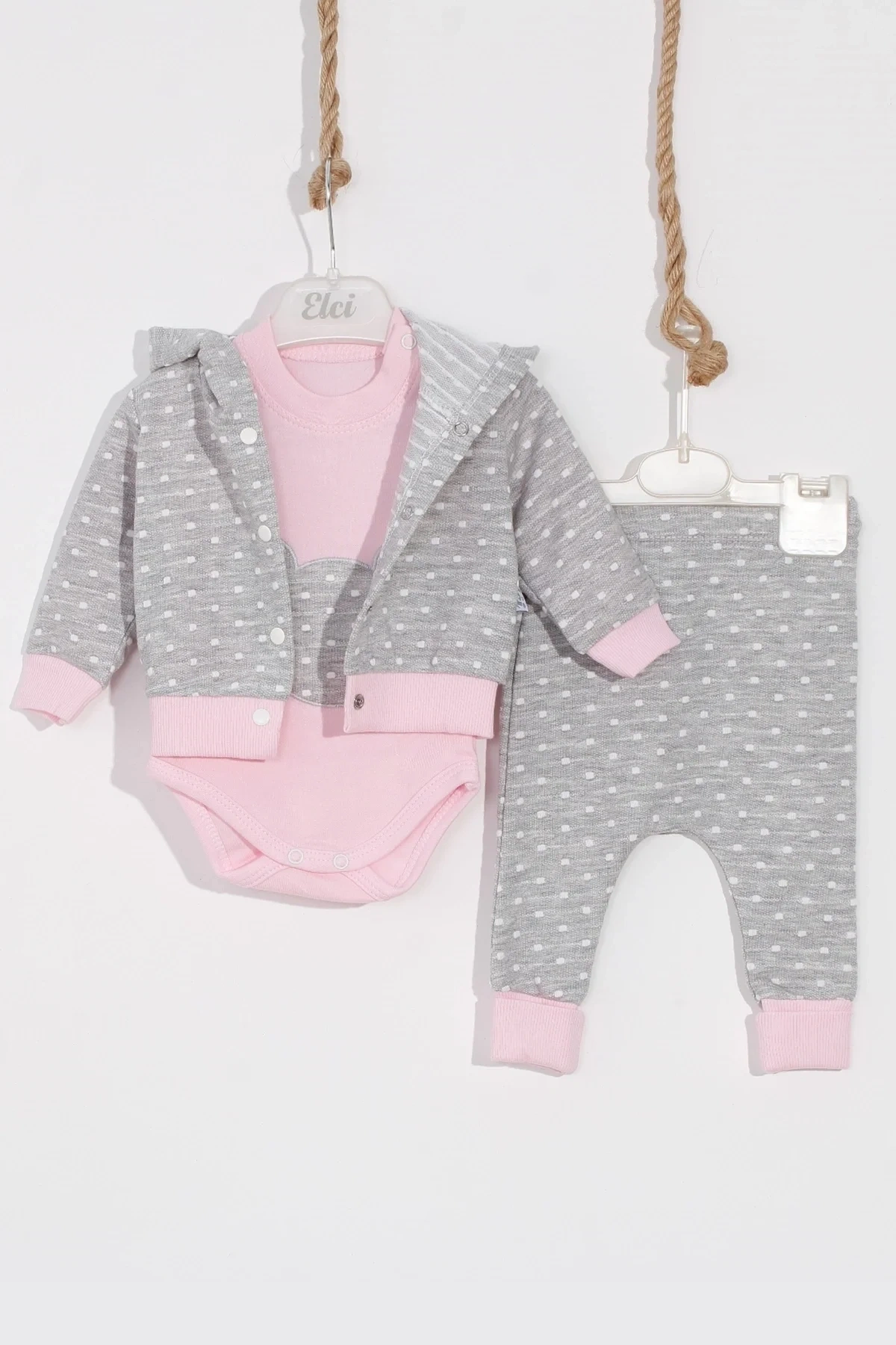 Bear Nakışlı Puanlı Pamuklu 2li Kız Bebek Takımı