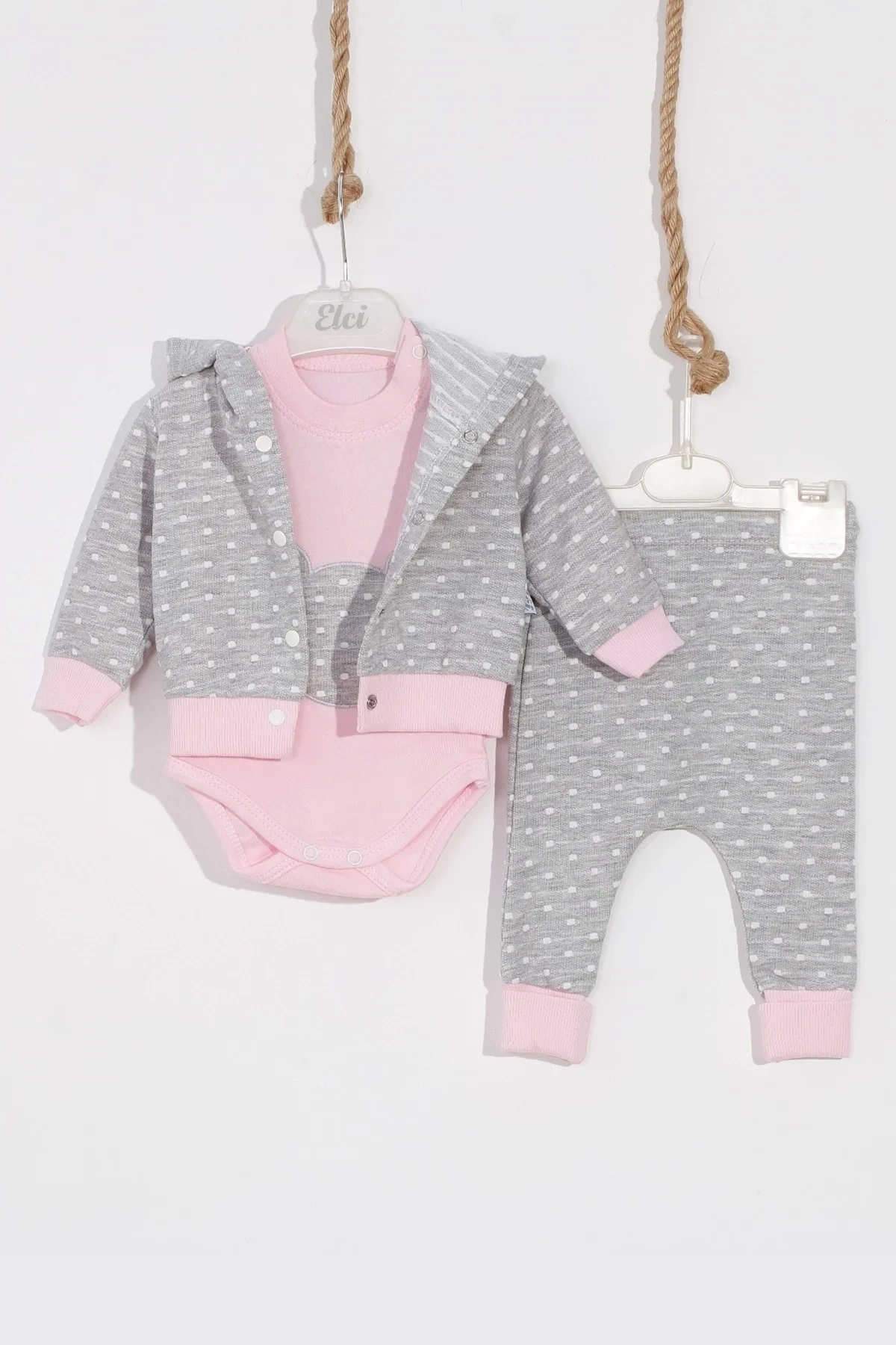 Bear Nakışlı Puanlı Pamuklu 2li Kız Bebek Takımı