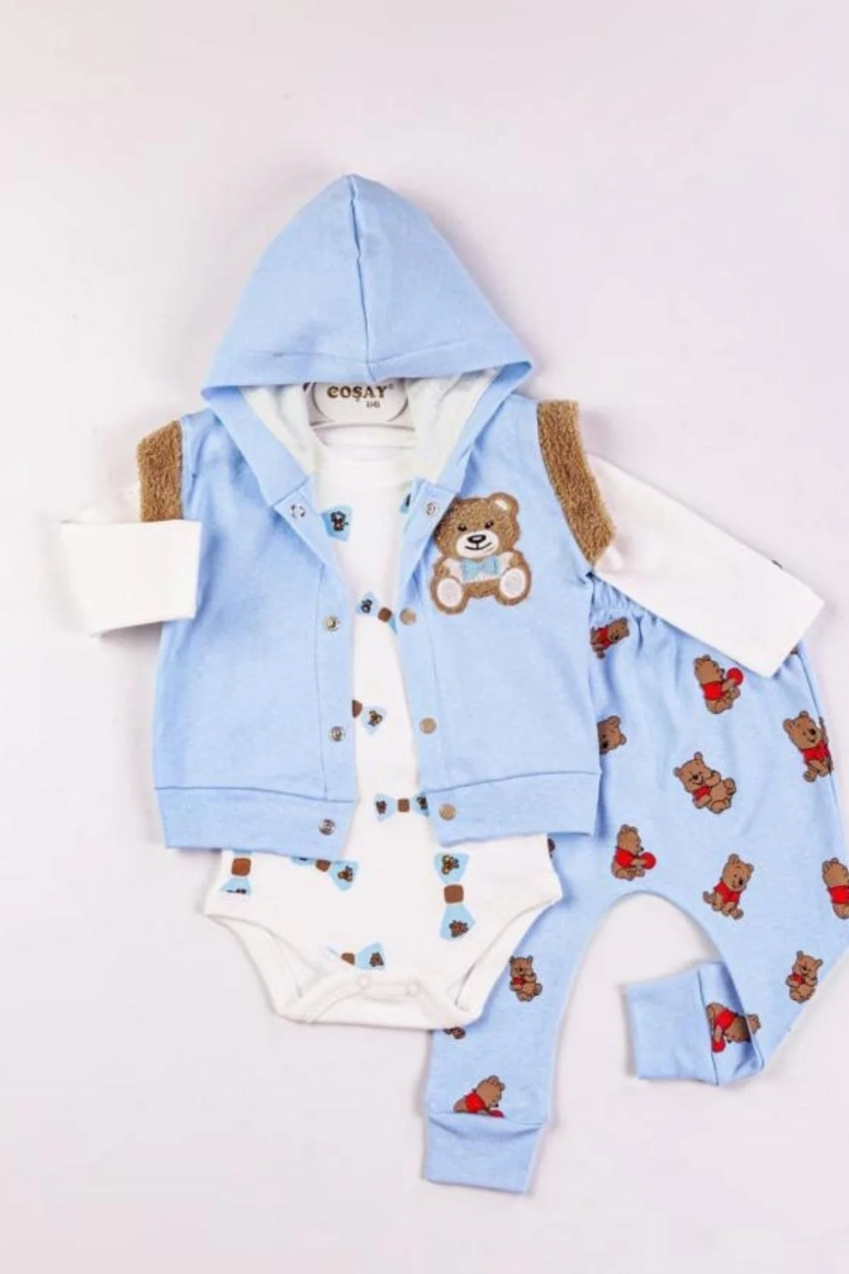 Bear Nakışlı Yelekli 3lü Erkek Bebek Takımı