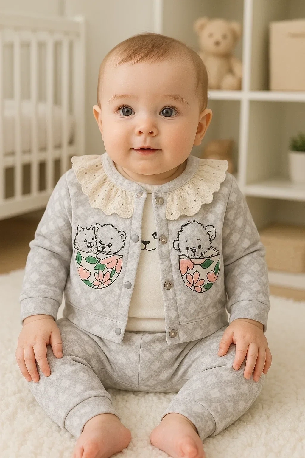 Brode İşlemeli Kalp Desenli 3lü Hırkalı Kız Bebek Takım