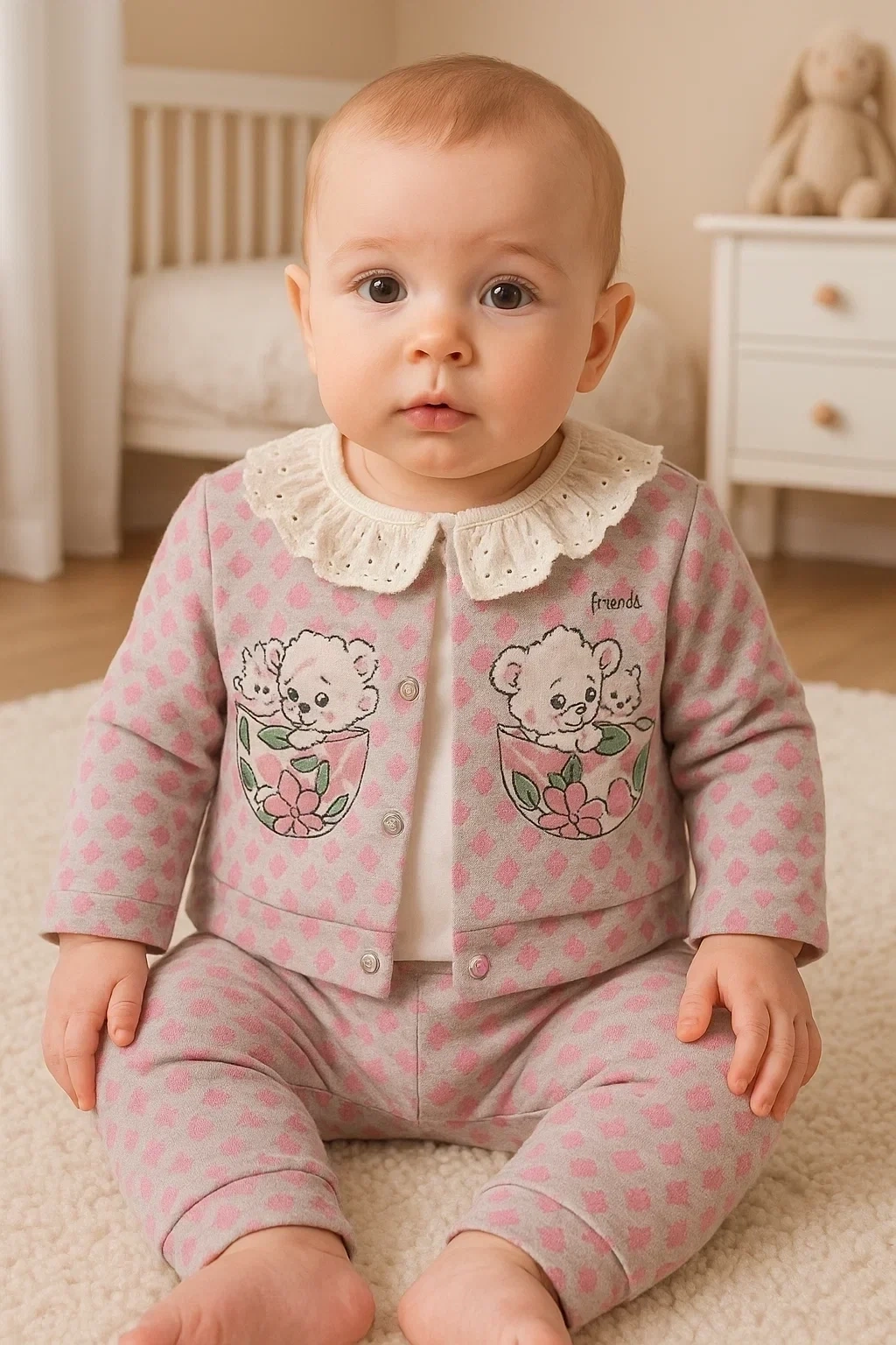 Brode İşlemeli Kalp Desenli 3lü Hırkalı Kız Bebek Takım