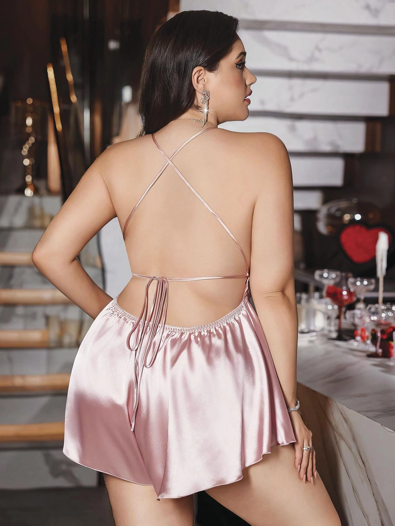 Büyük Beden Pudra Arkadan Bağlamalı Tulum Saten Babydoll Gecelik