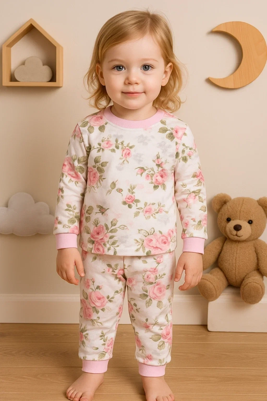 Büyük Çiçek Desenli Kız Bebek Eşofman Takımı %100 Pamuk