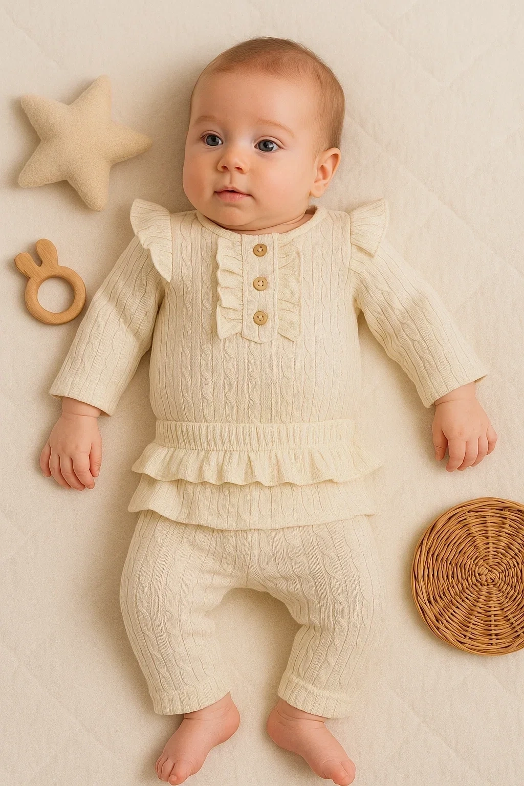 Büzgü Detaylı Fırfırlı % 100 Pamuk 2li Kız Bebek Takımı