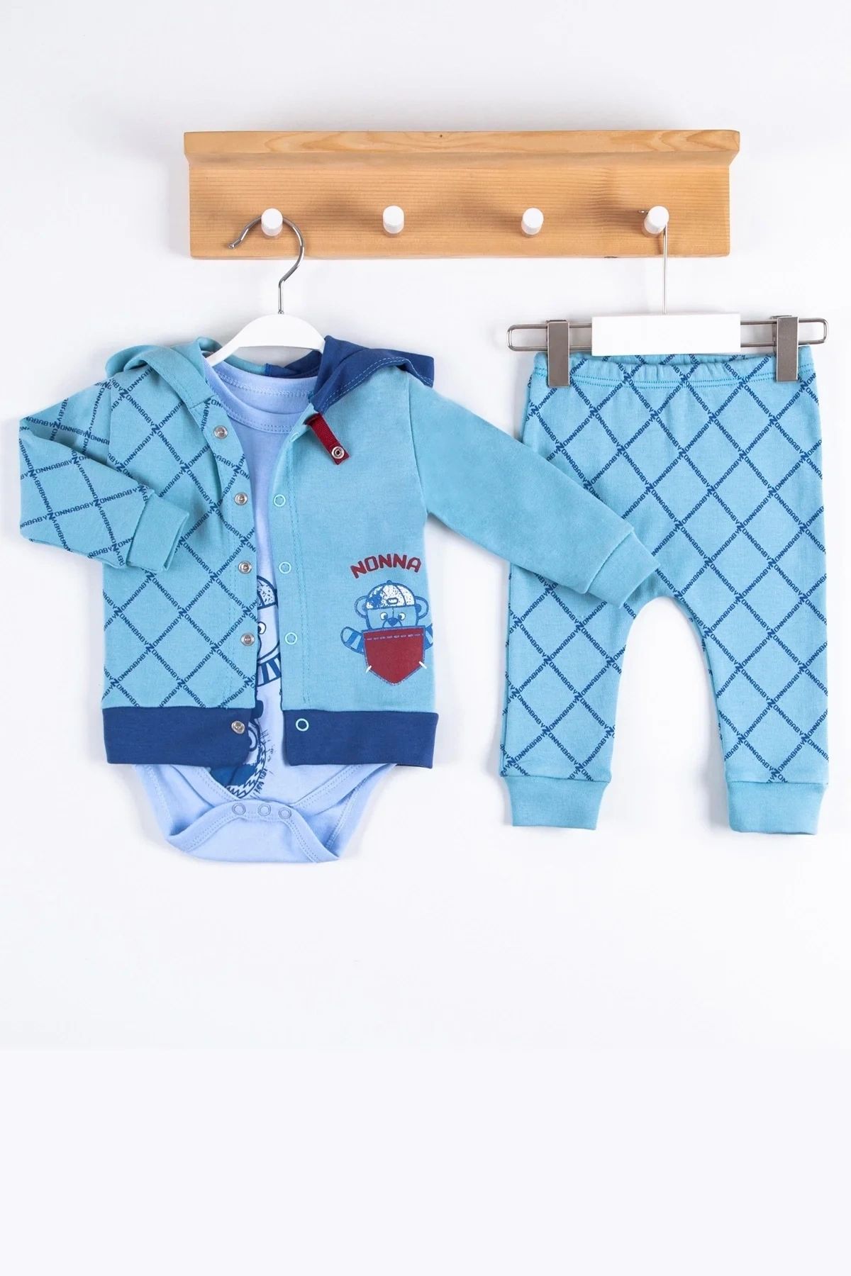 Cep Desenli Kapişonlu % 100 Pamuk Hırkalı 3lü Erkek Takım