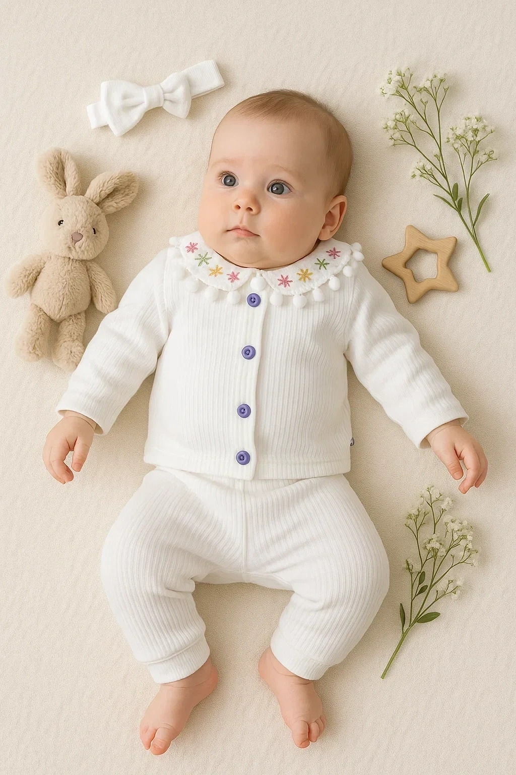 Çiçek Nakışlı Düşmeli Bandanalı Kız Bebek Takımı