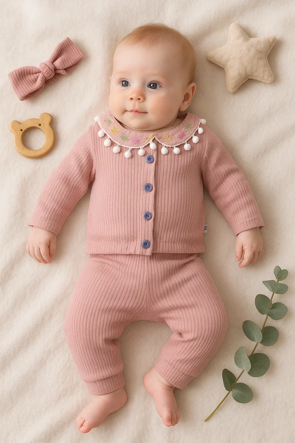 Çiçek Nakışlı Düşmeli Bandanalı Kız Bebek Takımı