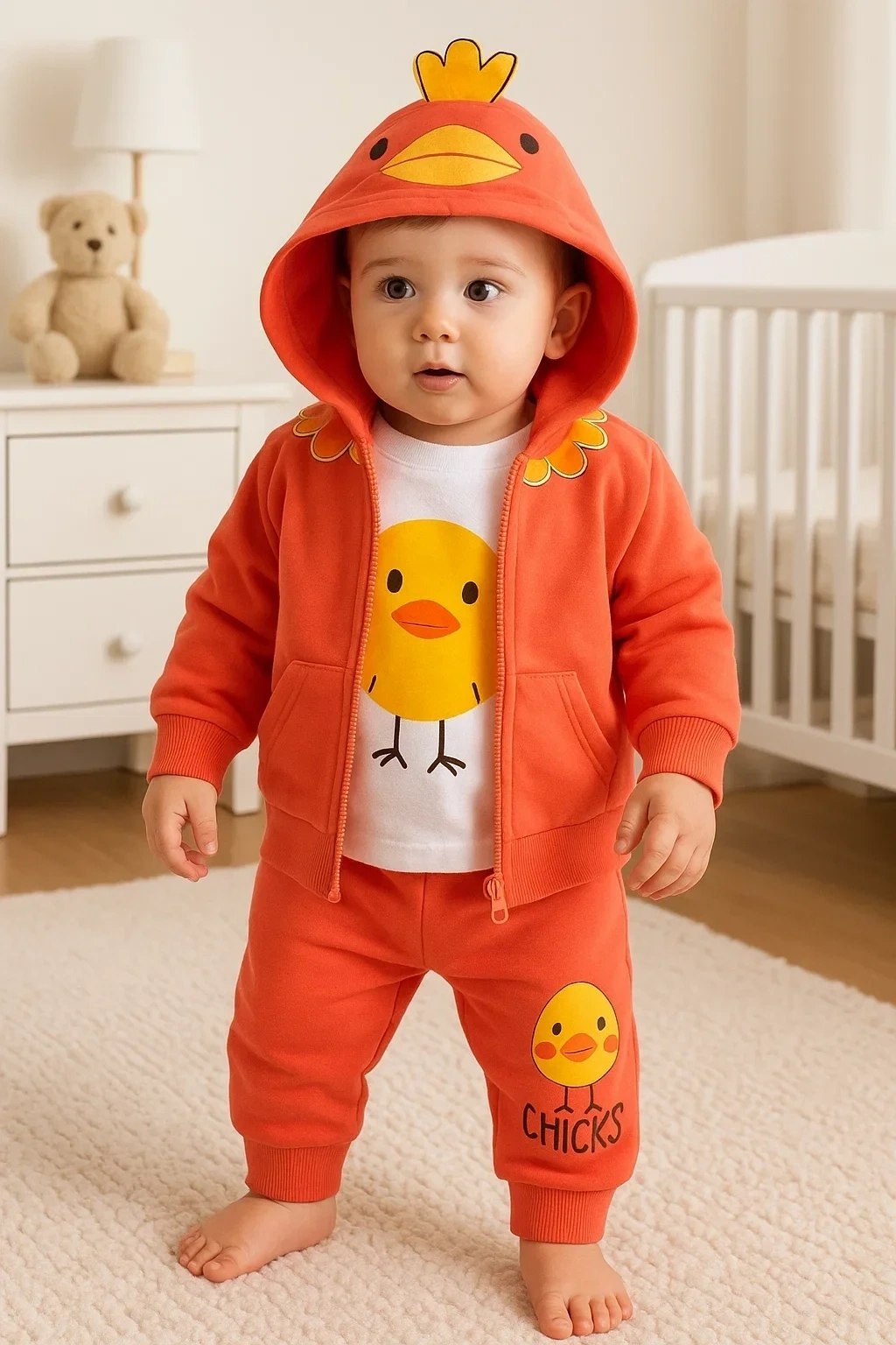 Civciv Desenli Kapişonlu 3lü Erkek Bebek Takımı