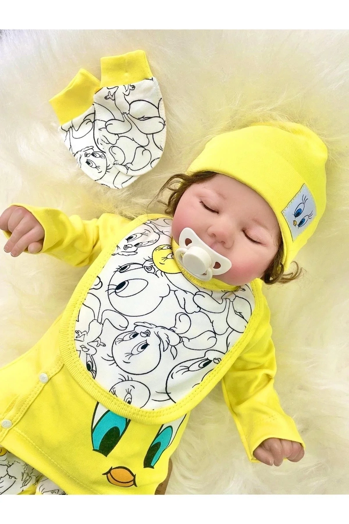 Civciv Desenli Yenidoğan 5li Hastane Çıkışı Zıbın Seti %100 Pamuk