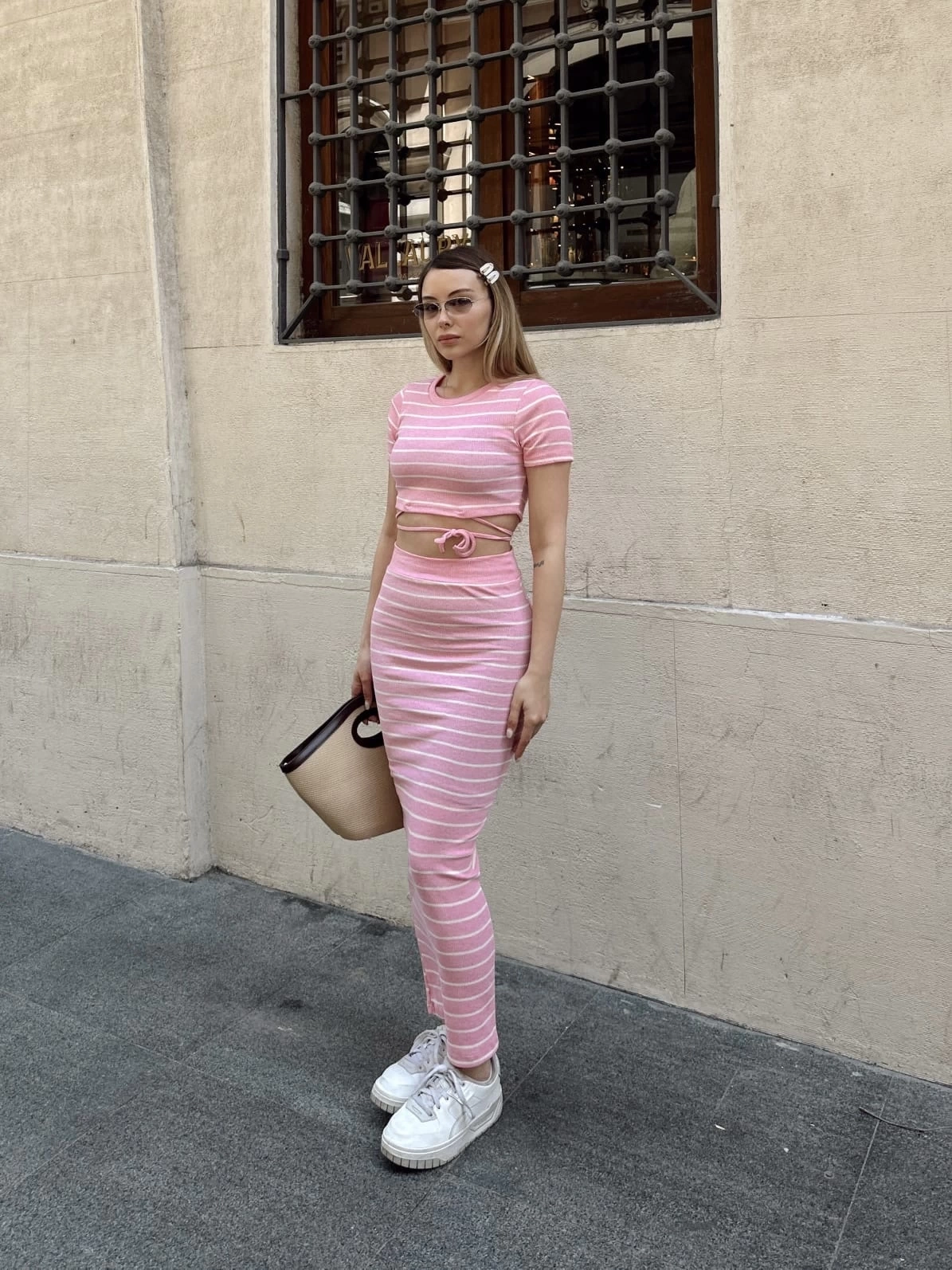Çizgili etekli takım pembe s3609