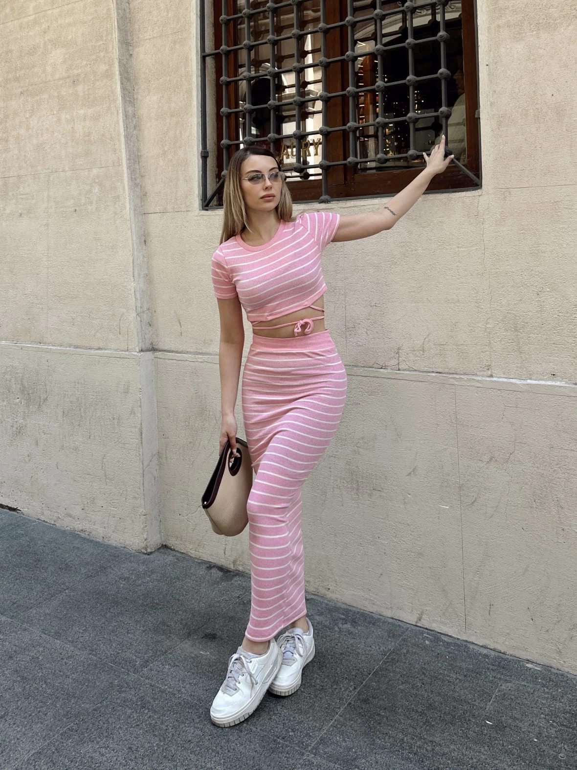 Çizgili etekli takım pembe s3609