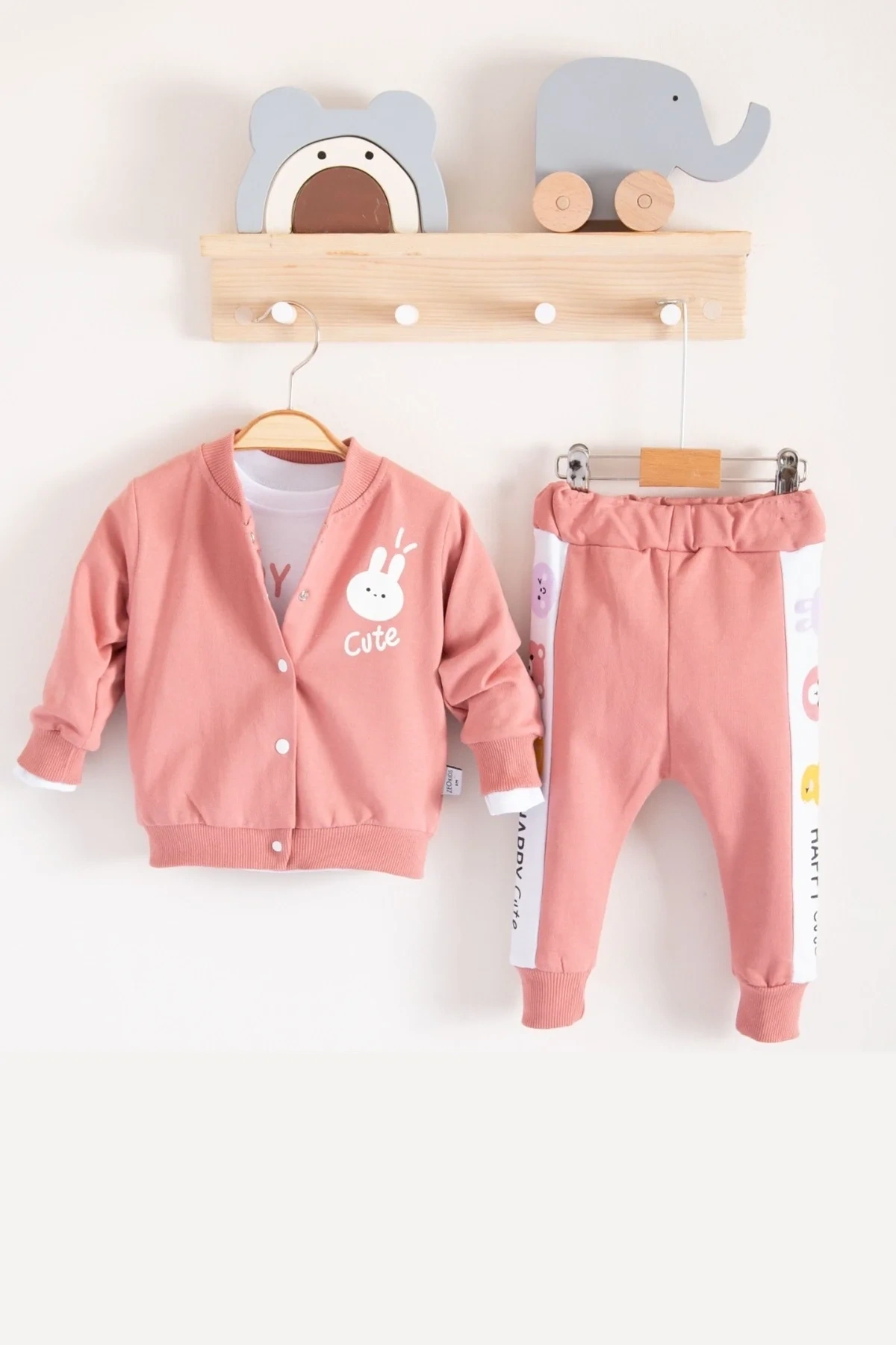 Cute Funny Desenli Kapişonlu Pamuklu 3lü Kız Bebek Takımı