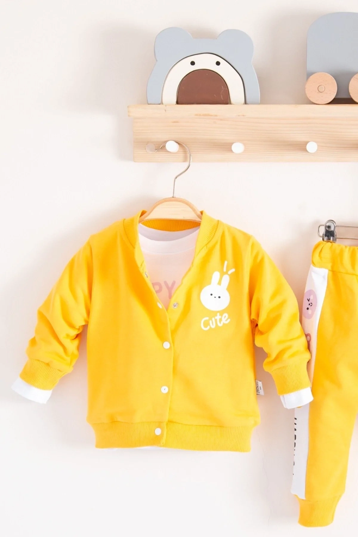 Cute Funny Desenli Kapişonlu Pamuklu 3lü Kız Bebek Takımı