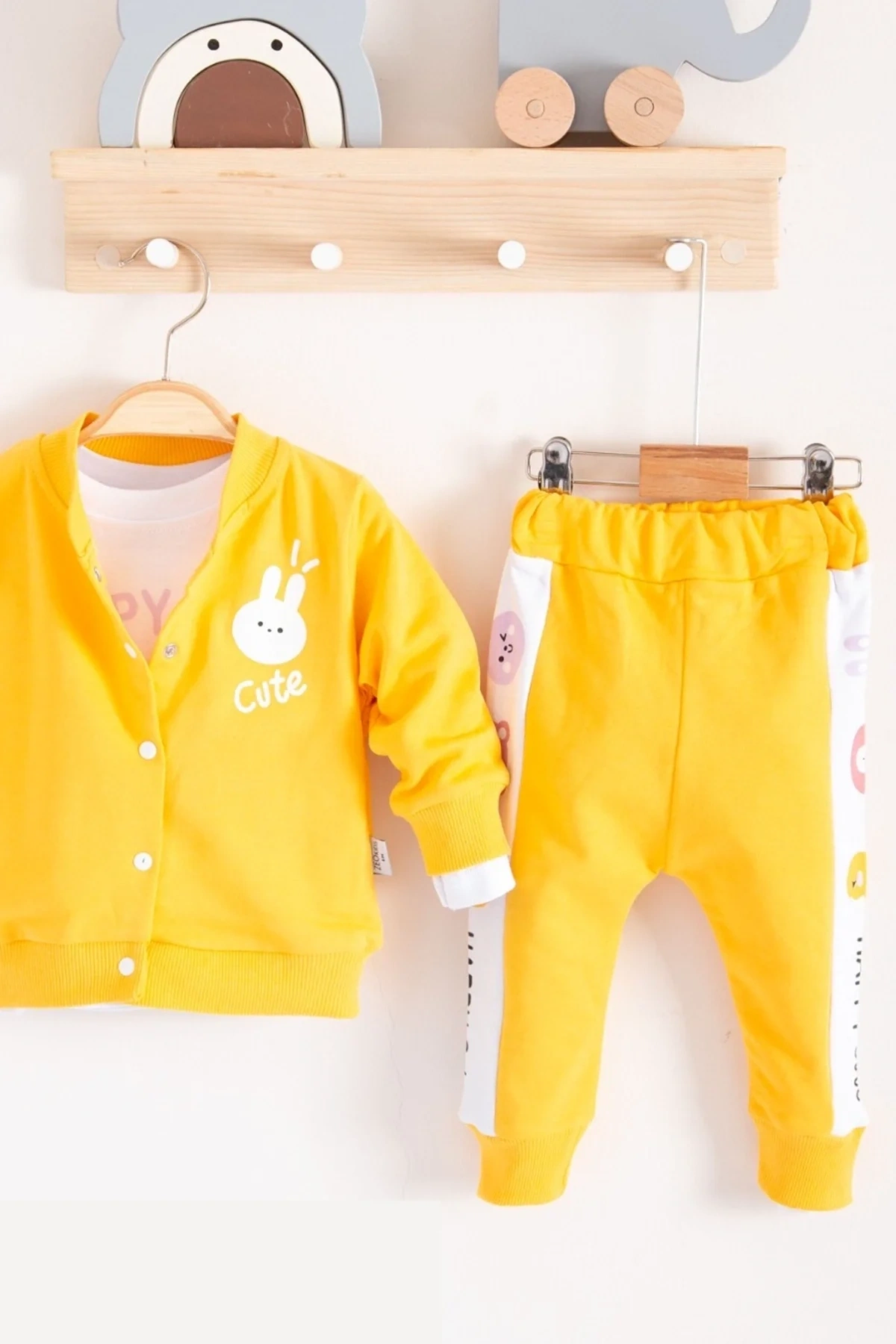 Cute Funny Desenli Kapişonlu Pamuklu 3lü Kız Bebek Takımı