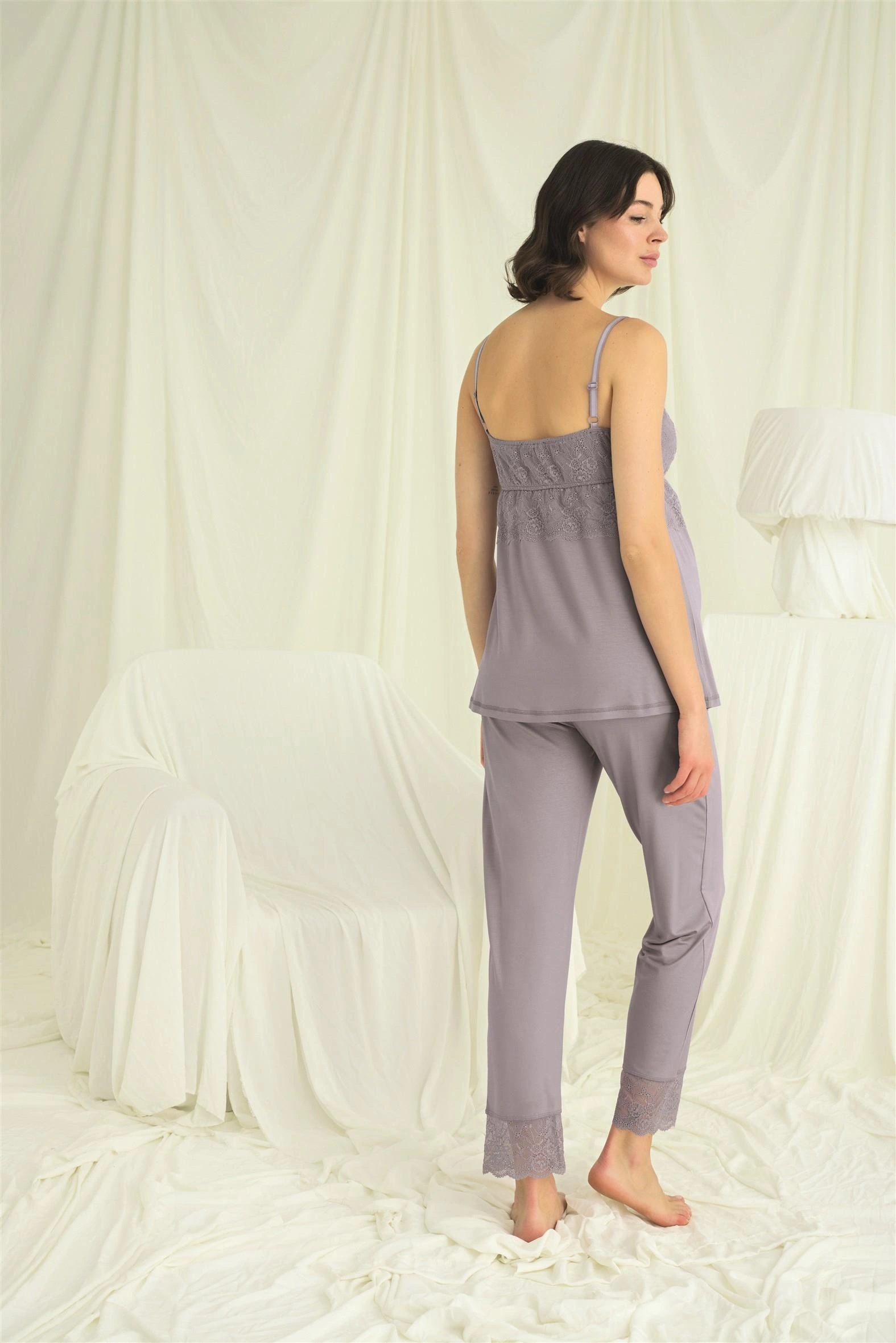 Dantelli Hamile Lohusa 3lü Pijama Takımı