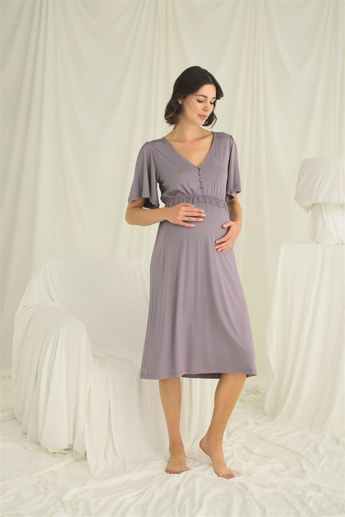 Dantelli Önden Düğmeli Hamile Lohusa Gecelik