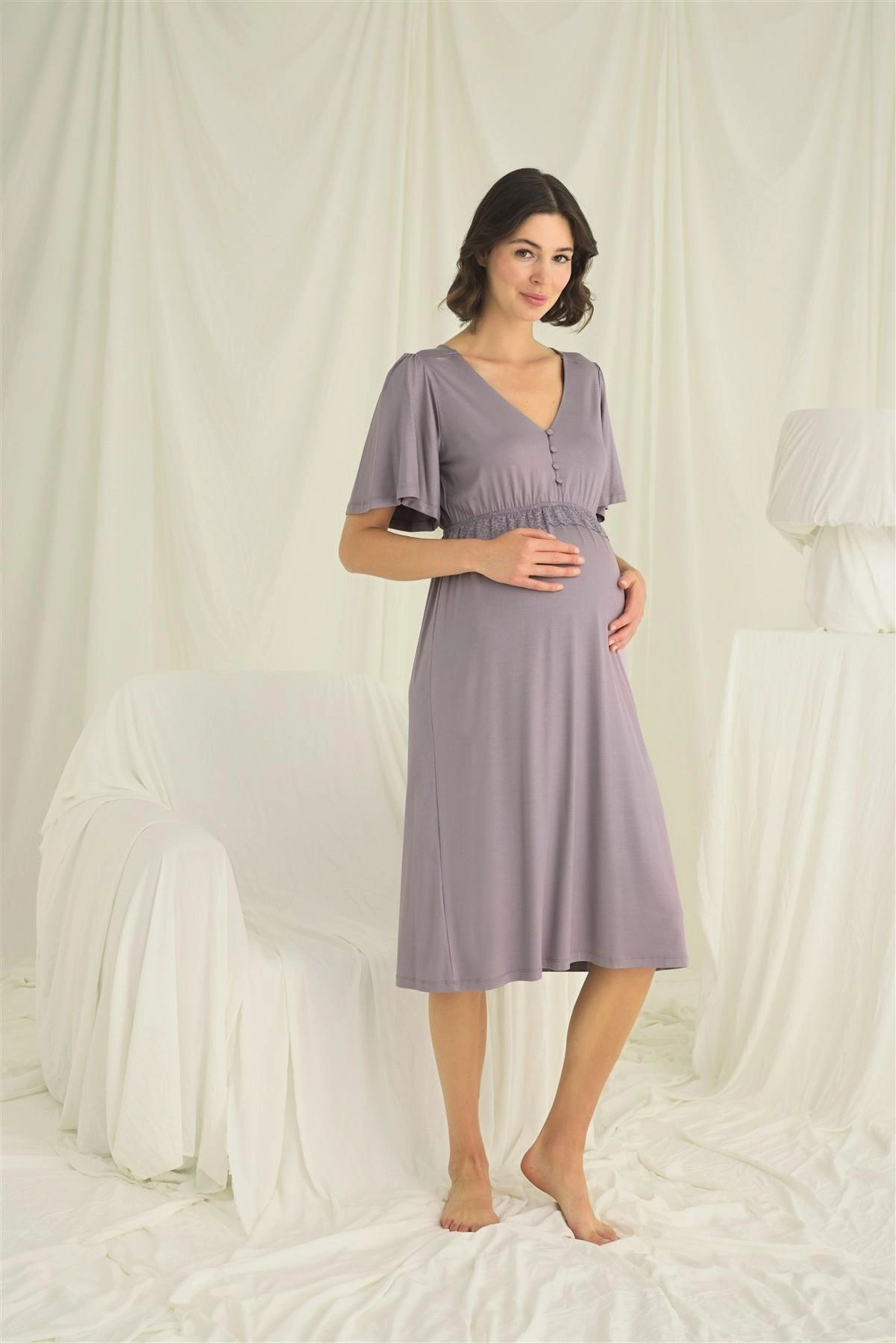 Dantelli Önden Düğmeli Hamile Lohusa Gecelik