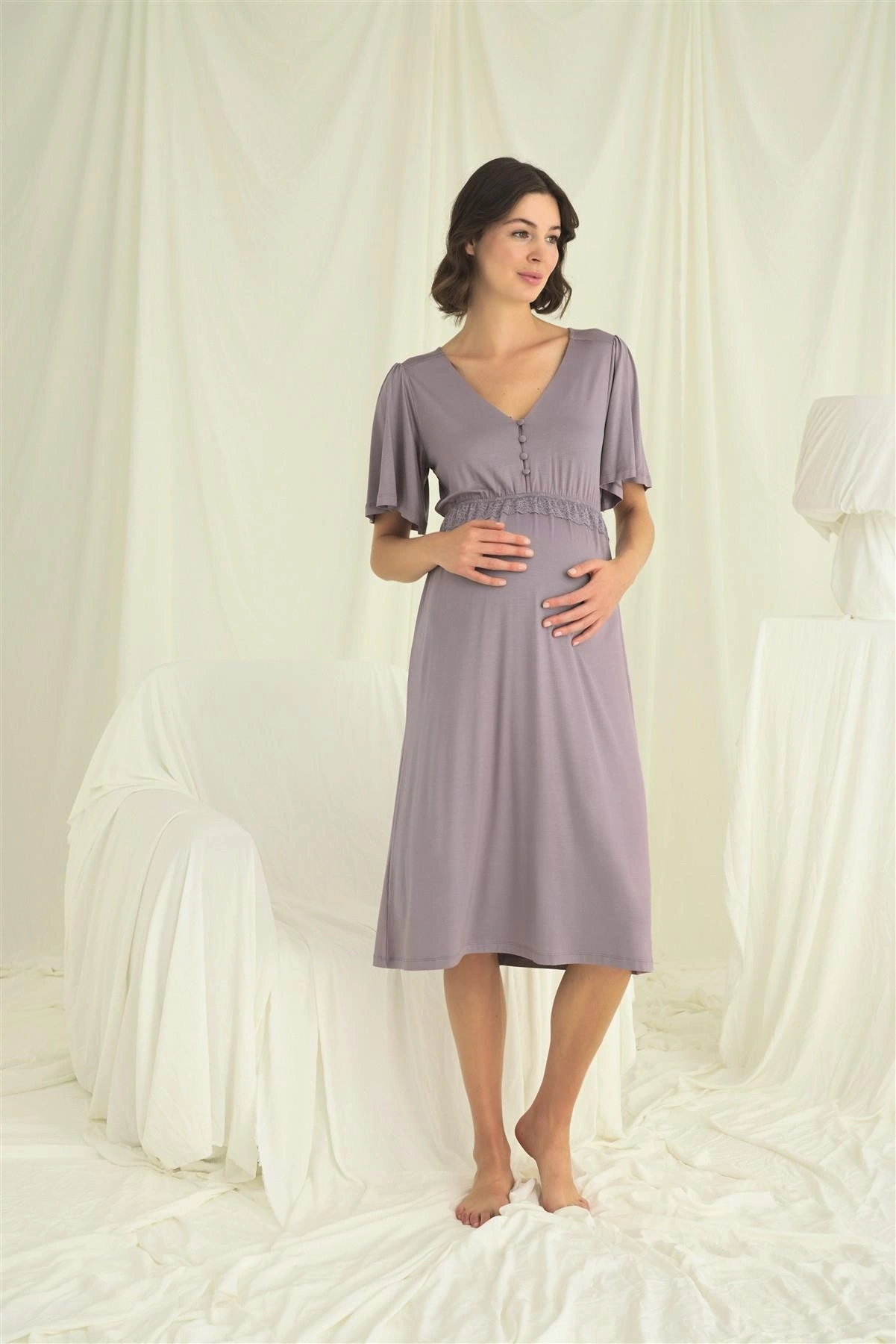 Dantelli Önden Düğmeli Hamile Lohusa Gecelik