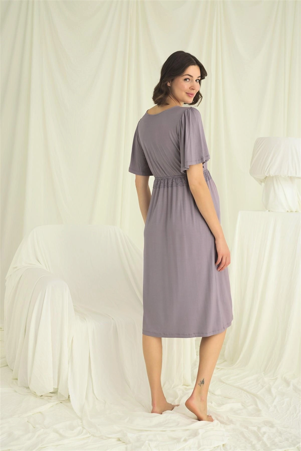 Dantelli Önden Düğmeli Hamile Lohusa Gecelik