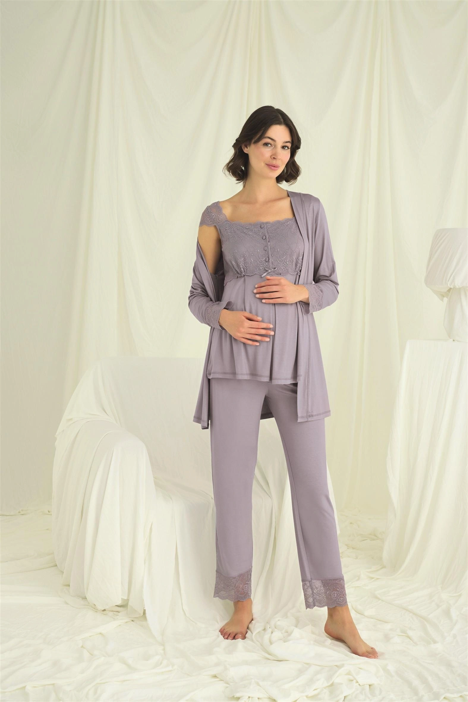 Dantelli Önü Düğmeli Hamile Lohusa 3lü Pijama Takımı