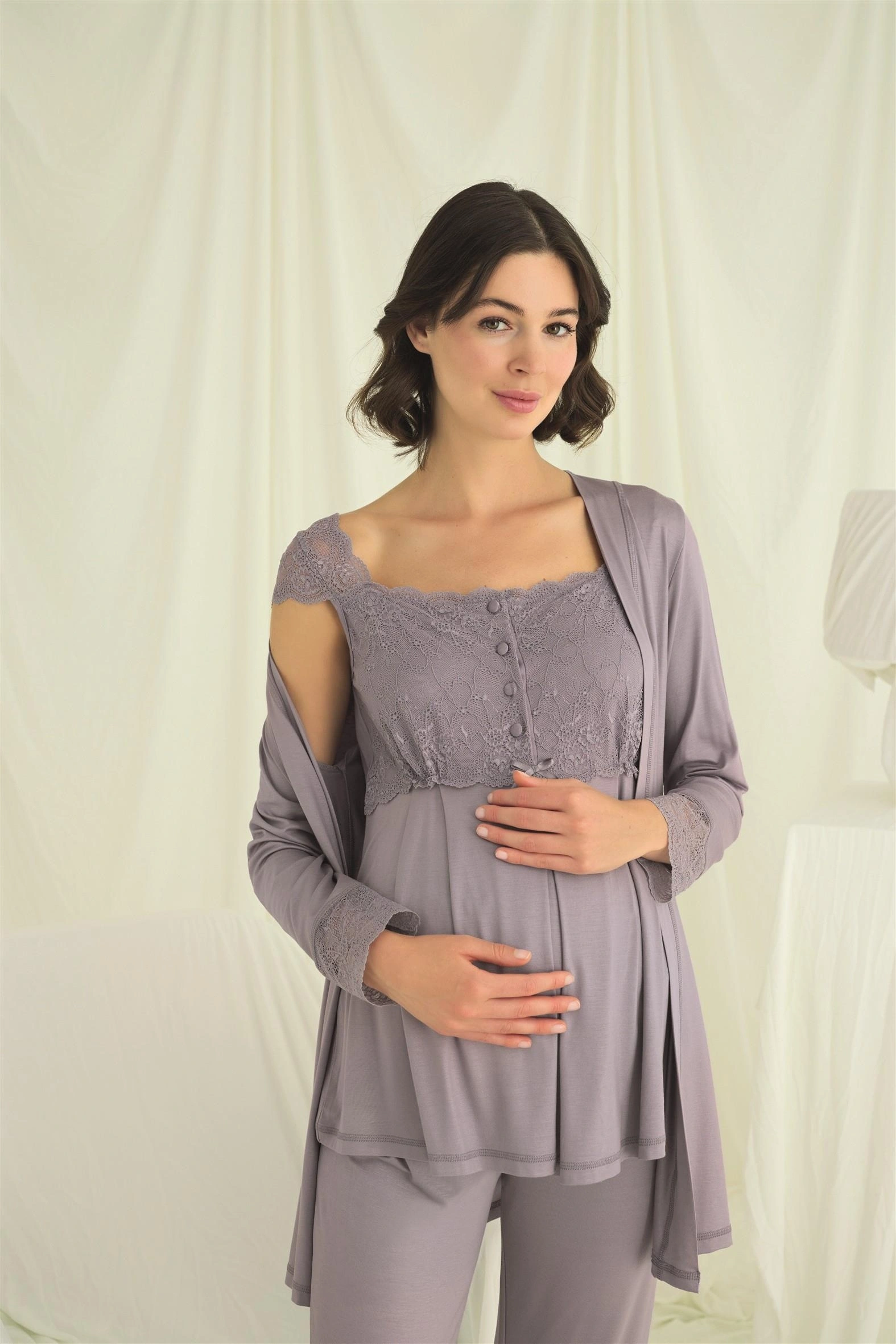 Dantelli Önü Düğmeli Hamile Lohusa 3lü Pijama Takımı