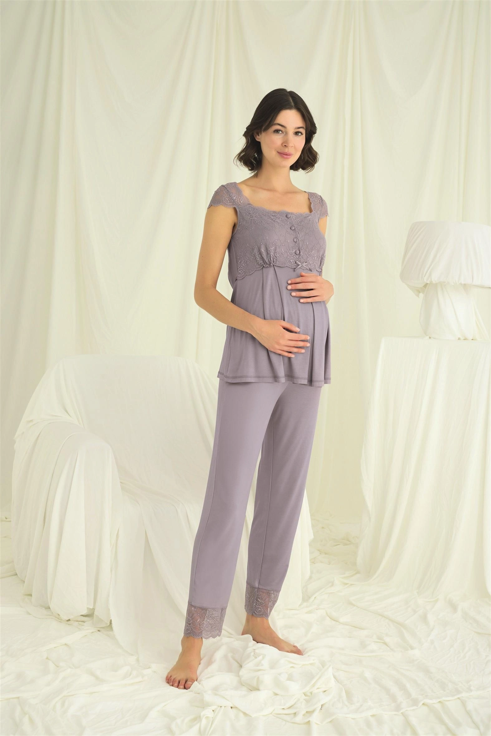 Dantelli Önü Düğmeli Hamile Lohusa 3lü Pijama Takımı
