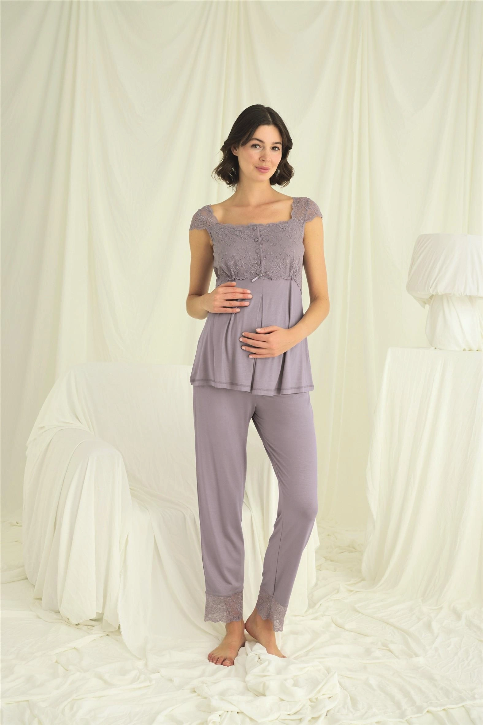 Dantelli Önü Düğmeli Hamile Lohusa 3lü Pijama Takımı