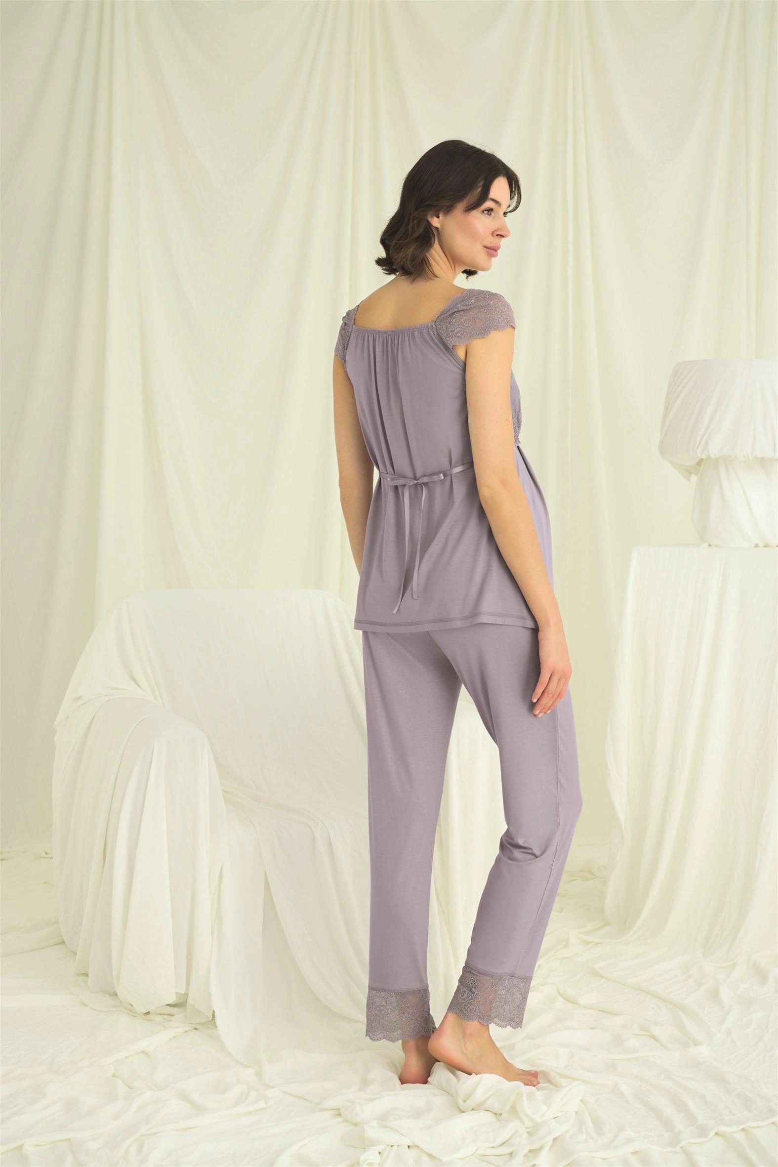 Dantelli Önü Düğmeli Hamile Lohusa 3lü Pijama Takımı