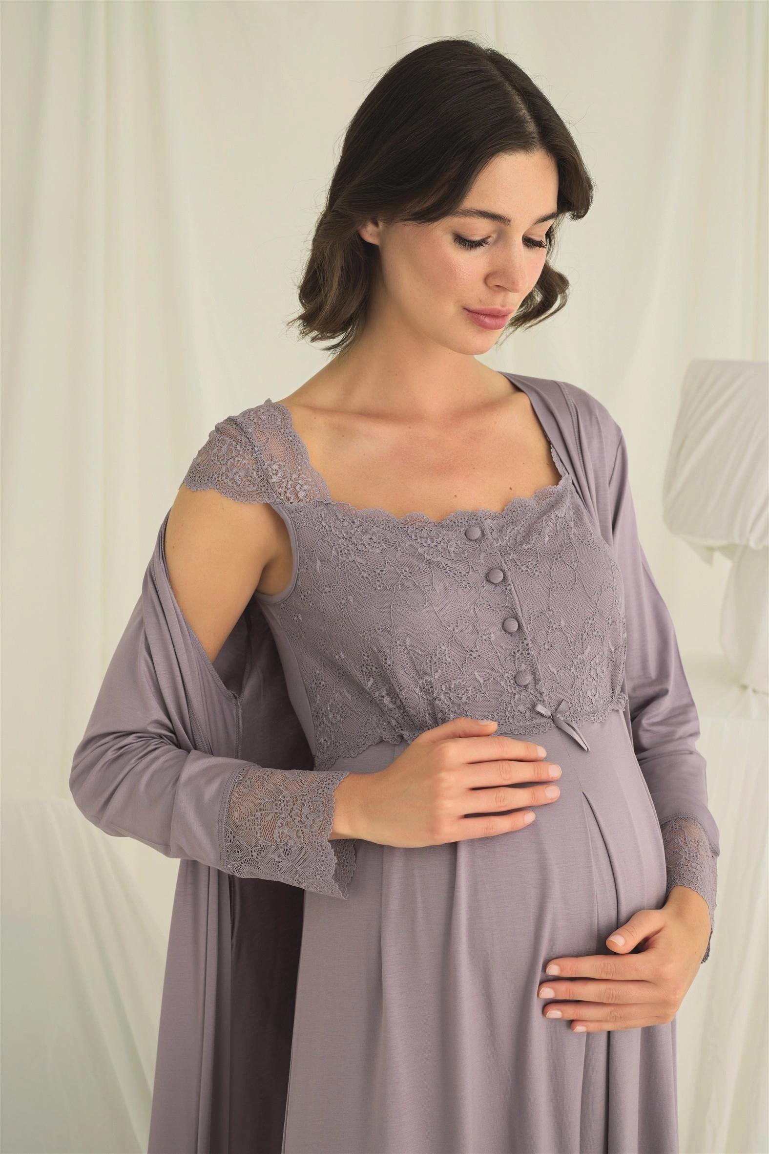 Dantelli Önü Düğmeli Hamile Lohusa Sabahlık Takımı