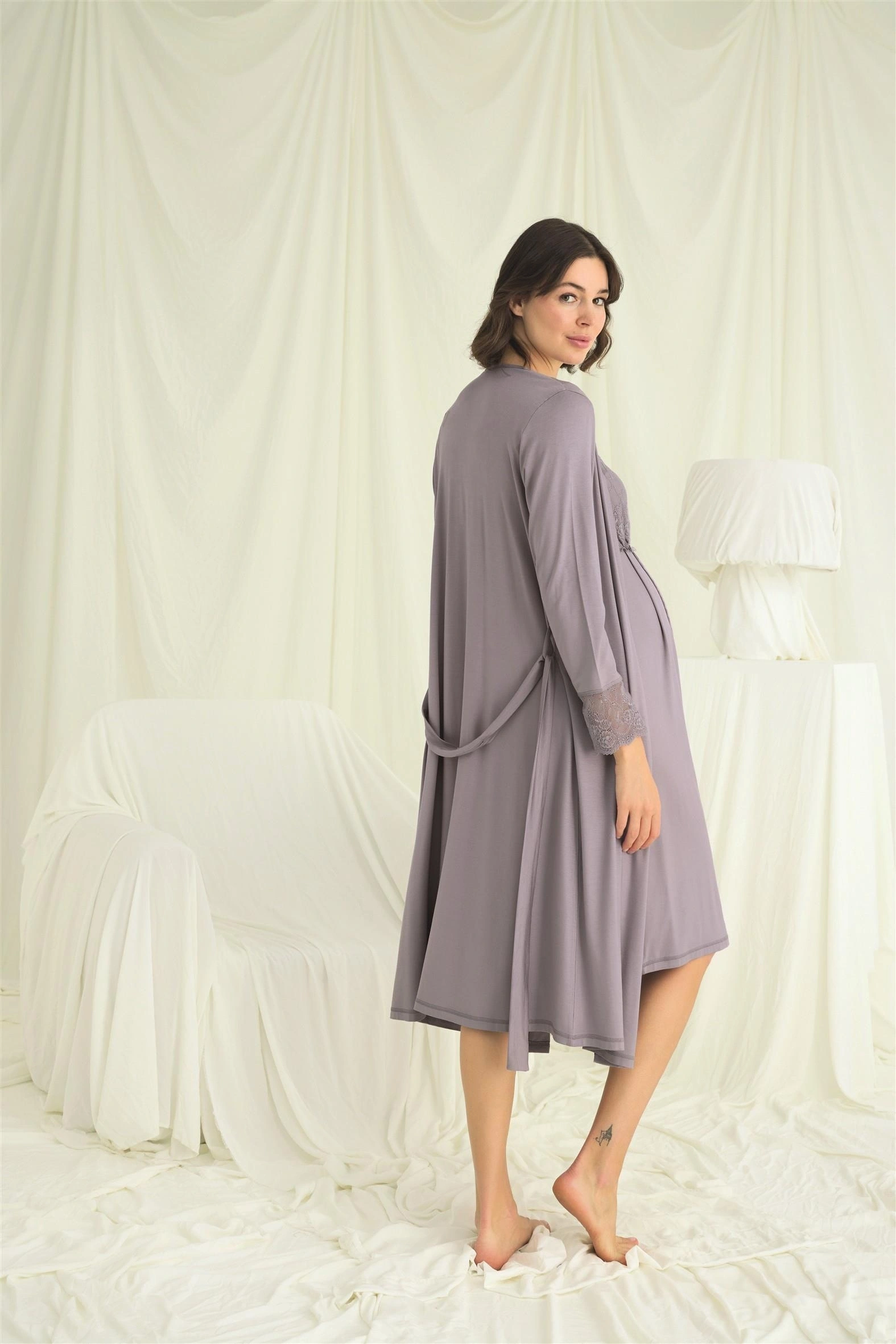 Dantelli Önü Düğmeli Hamile Lohusa Sabahlık Takımı