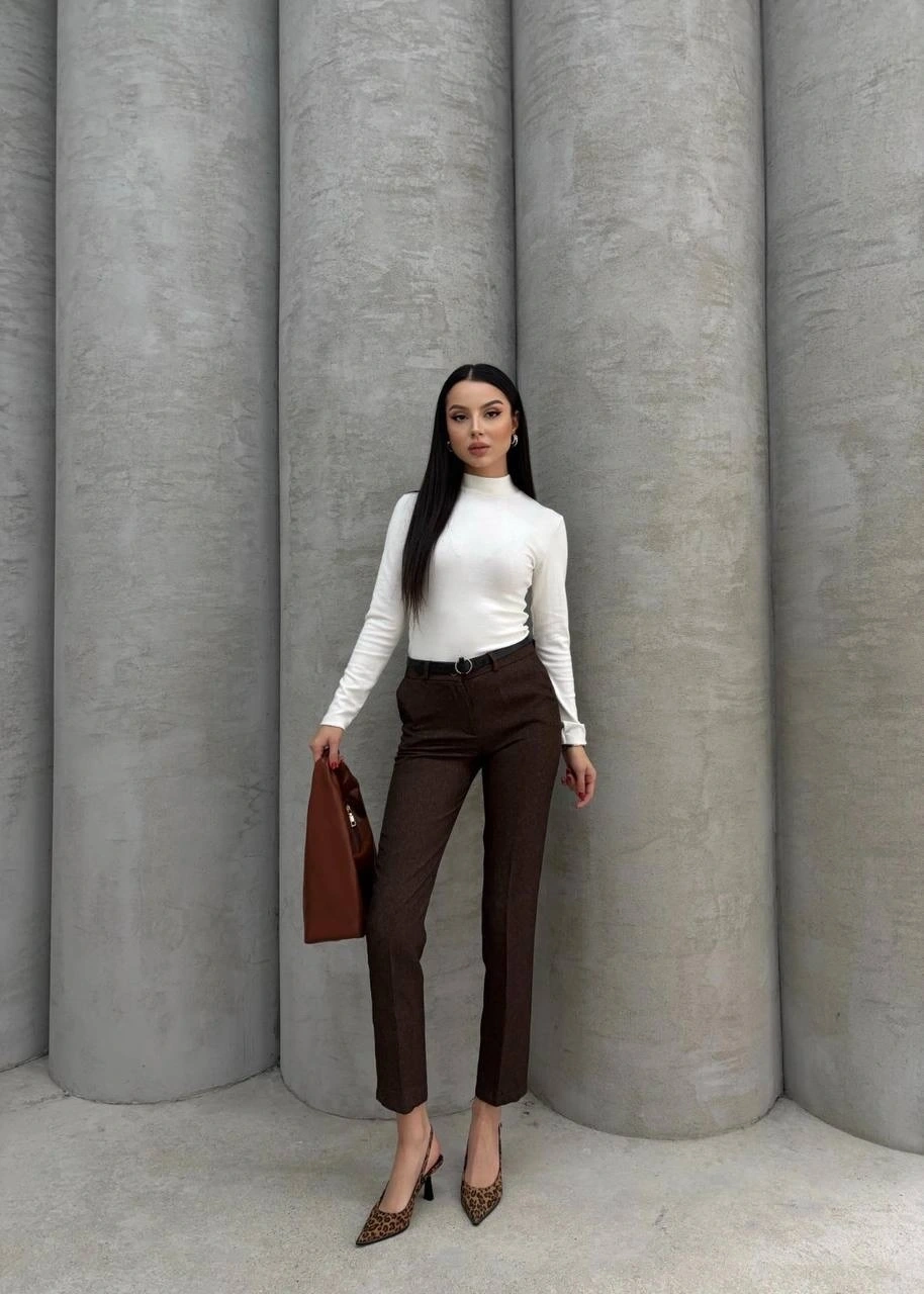 Dar paça kemerli kumaş pantolon kahve pt53