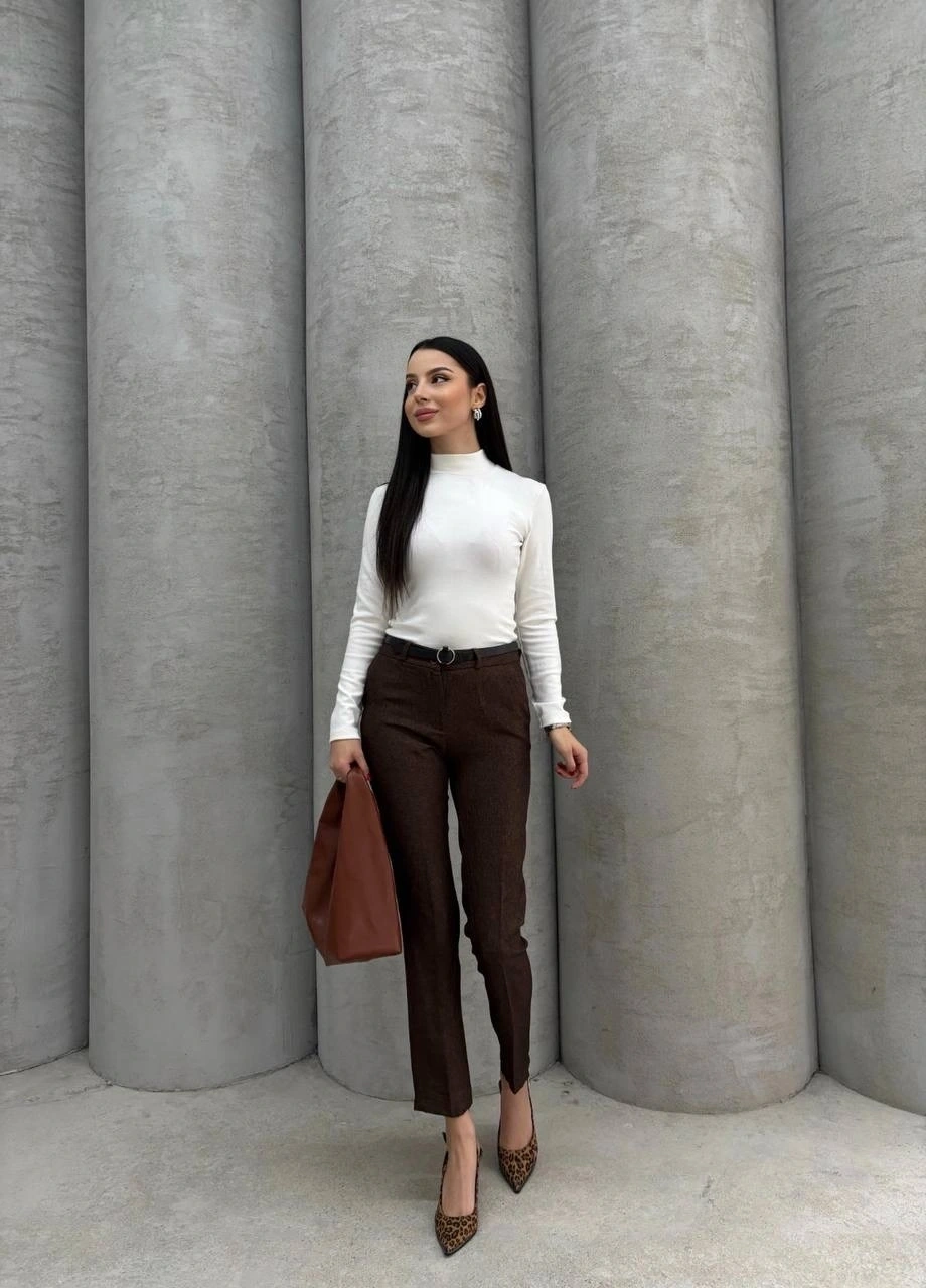 Dar paça kemerli kumaş pantolon kahve pt53