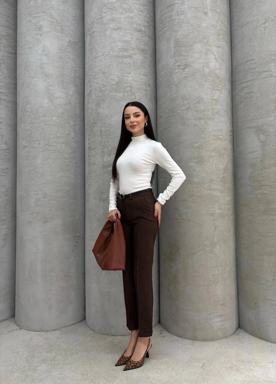 Dar paça kemerli kumaş pantolon kahve pt53