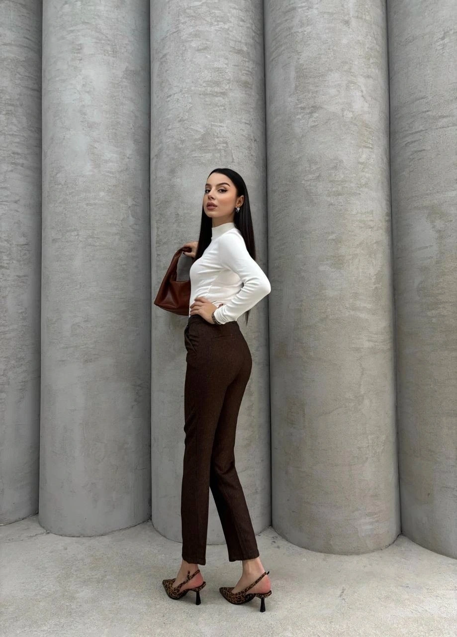 Dar paça kemerli kumaş pantolon kahve pt53