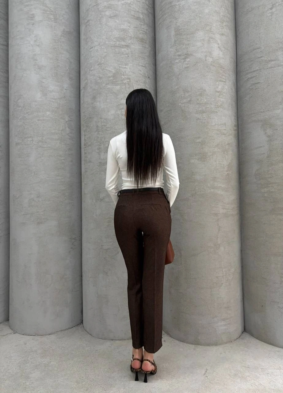 Dar paça kemerli kumaş pantolon kahve pt53