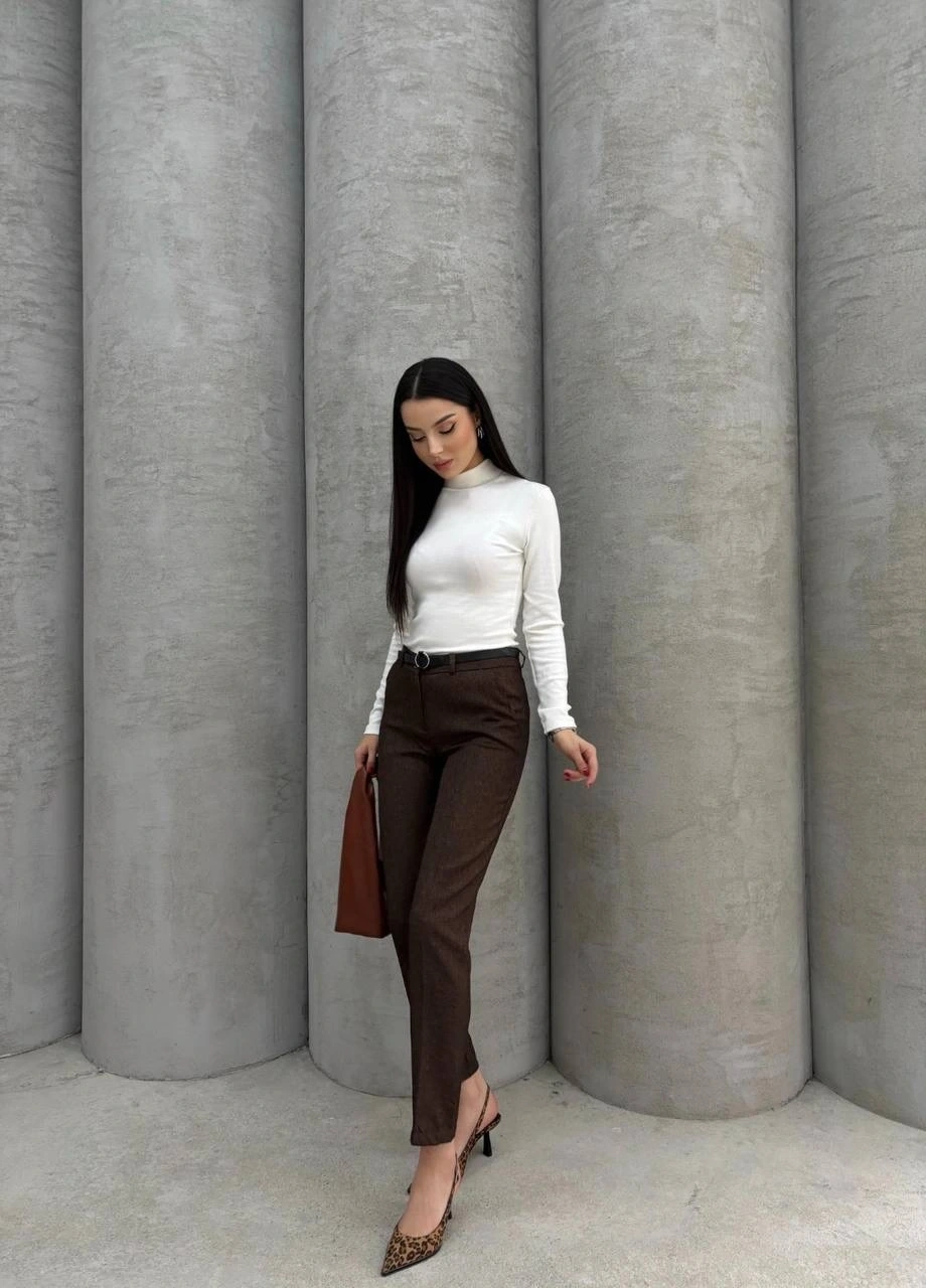 Dar paça kemerli kumaş pantolon kahve pt53