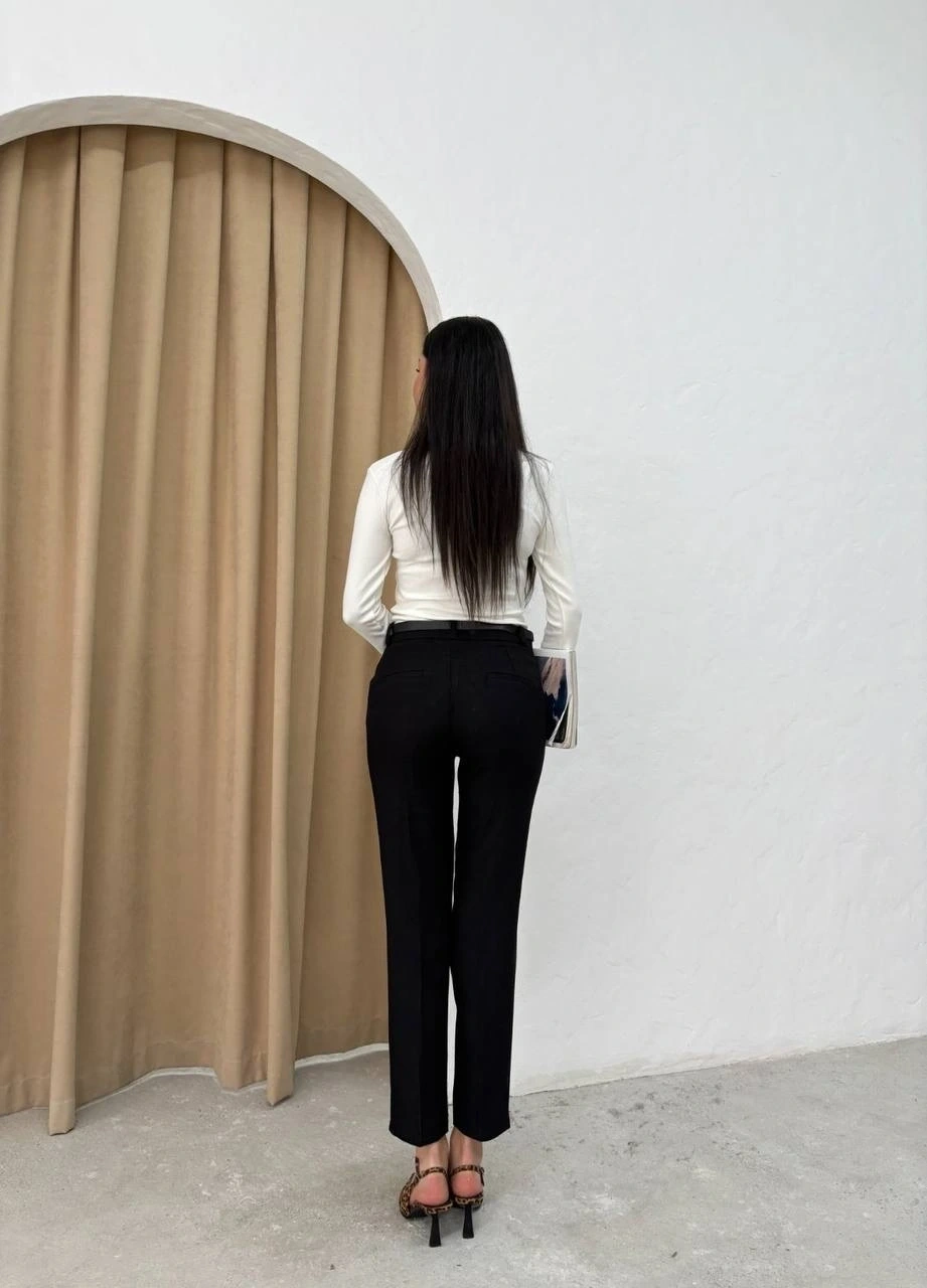 Dar paça kemerli kumaş pantolon siyah pt53