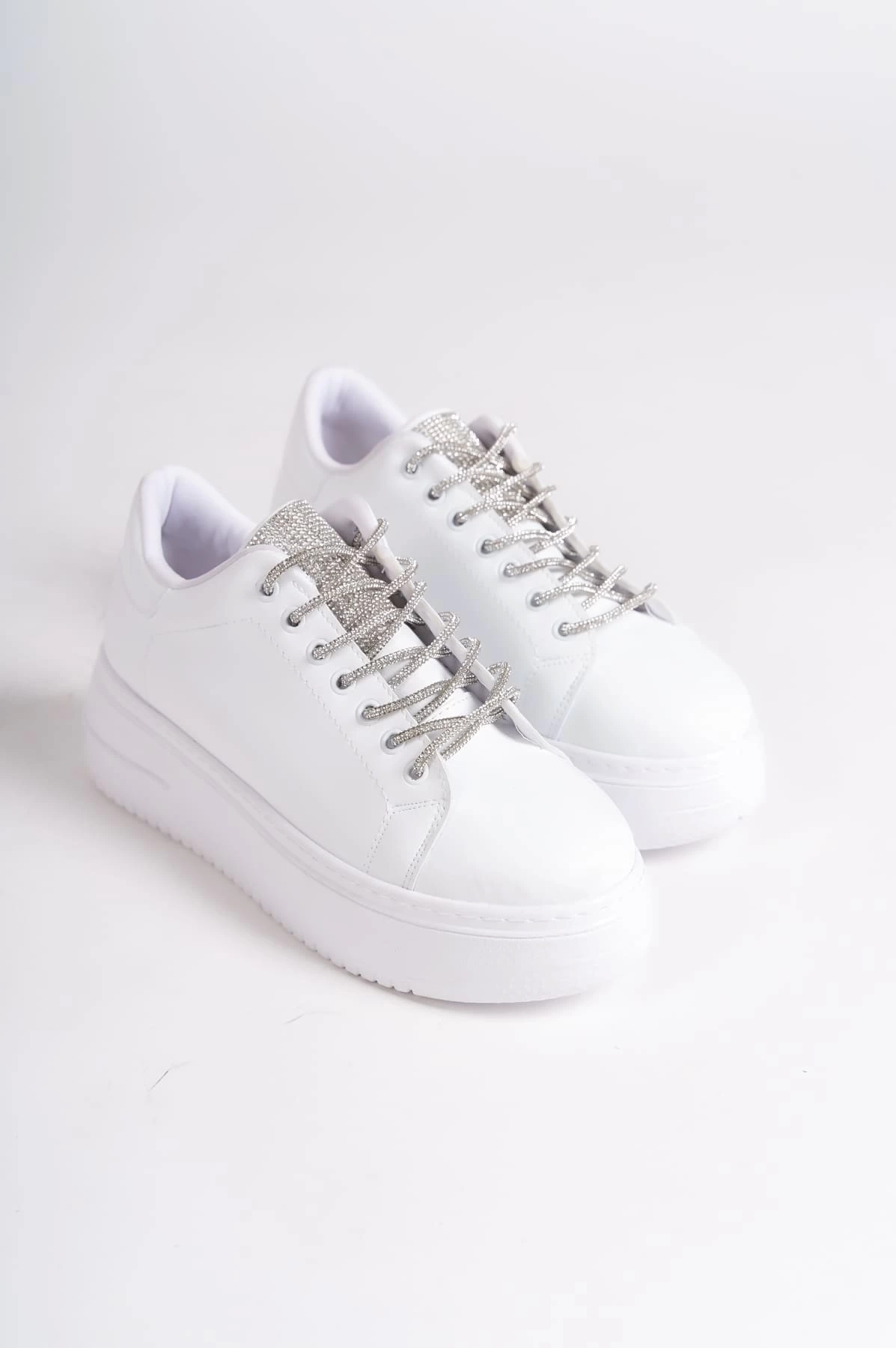 DELLA Bağcıklı Ortopedik Taban Taşlı Kadın Sneaker Spor Ayakkabı BT - Beyaz