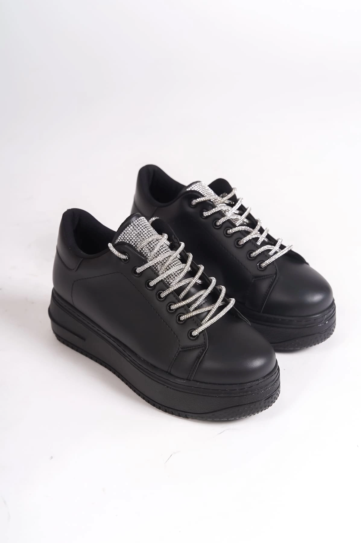DELLA Bağcıklı Ortopedik Taban Taşlı Kadın Sneaker Spor Ayakkabı  ST - Siyah