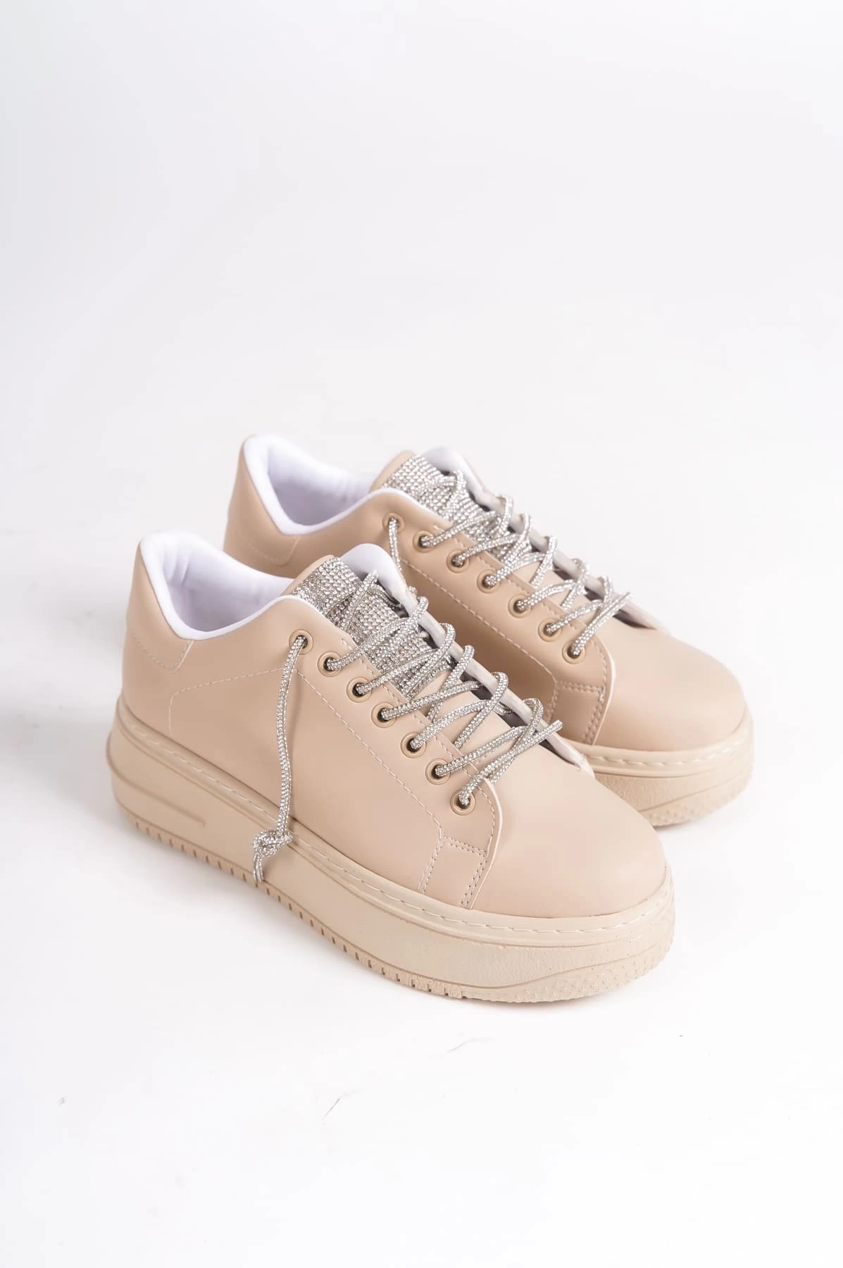 DELLA Bağcıklı Ortopedik Taban Taşlı Kadın Sneaker Spor Ayakkabı TT - Ten