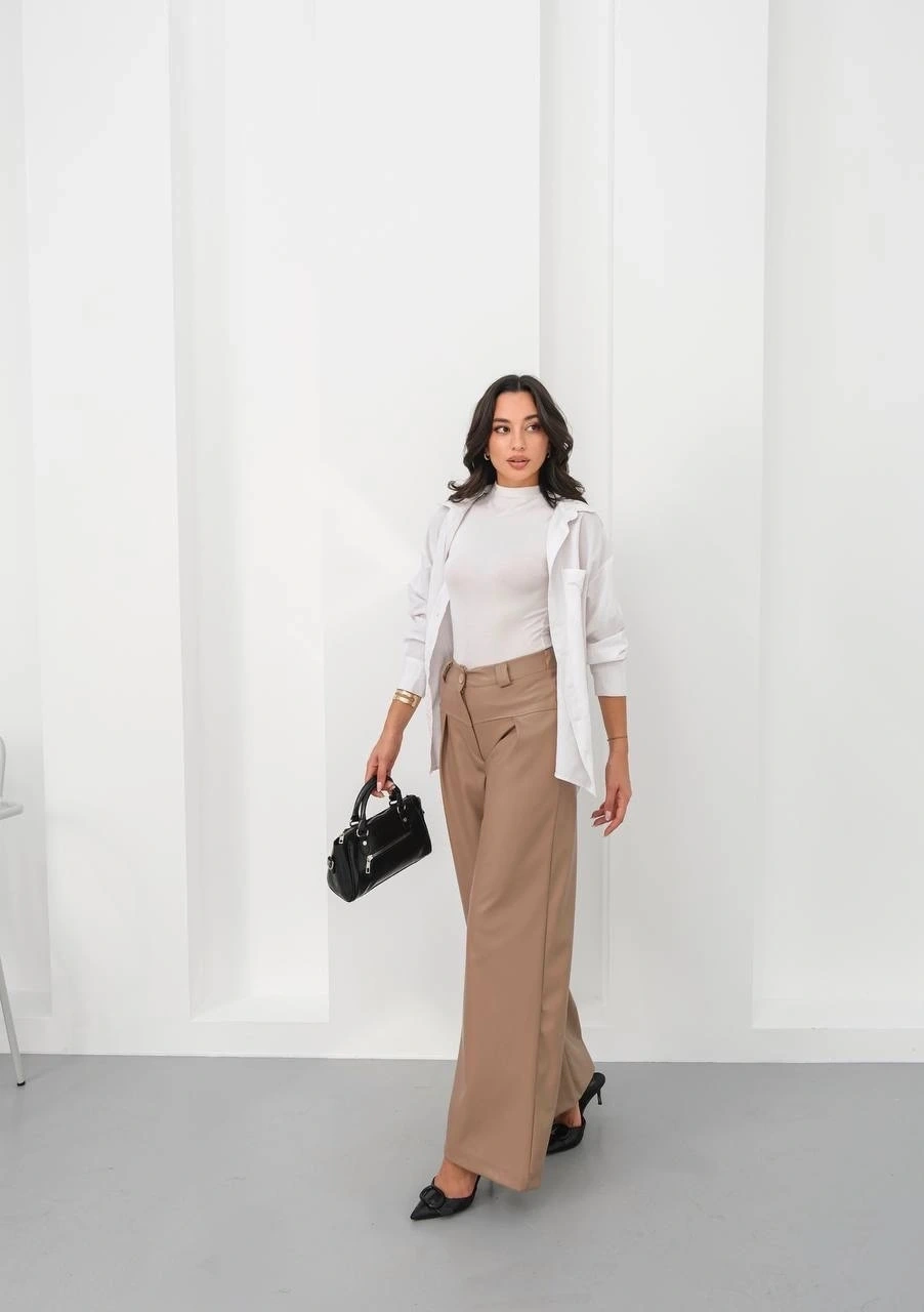 Deri geniş paça beli lastikli pantolon bej h263644