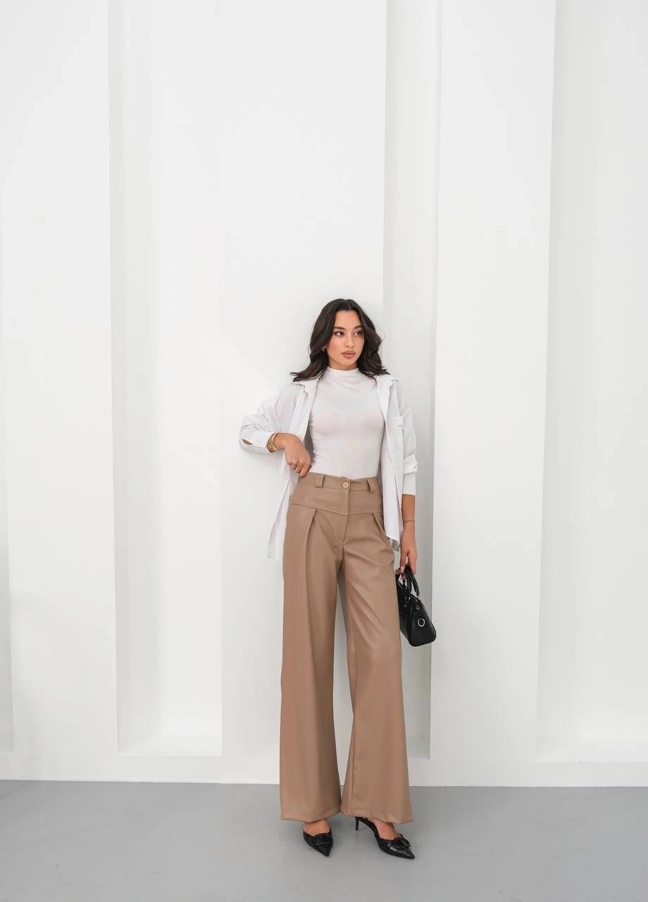 Deri geniş paça beli lastikli pantolon bej h263644